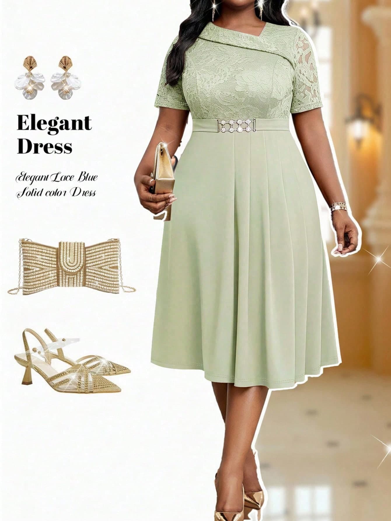 Fleurora Plus Size Women Sage Green Summer Elegant Wedding Guest Dress Lace Patchwork Pleated Waist Gathering Graduation Party Reception Bridesmaid Outfits