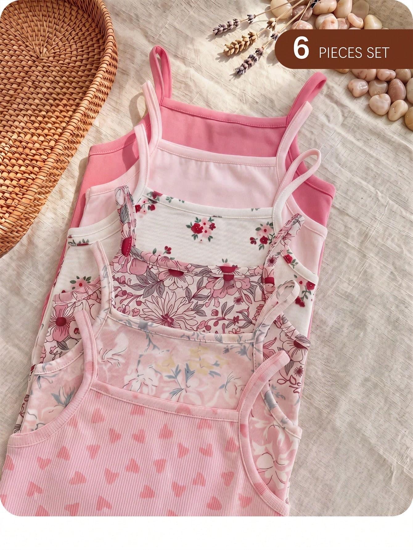 SHEIN 6pcs/Set Baby Girls Spaghetti Strap Bodysuit,Floral Heart Cherry Print Sleeveless One Piece,White Summer Cute Family Matching Korean Style Outfits