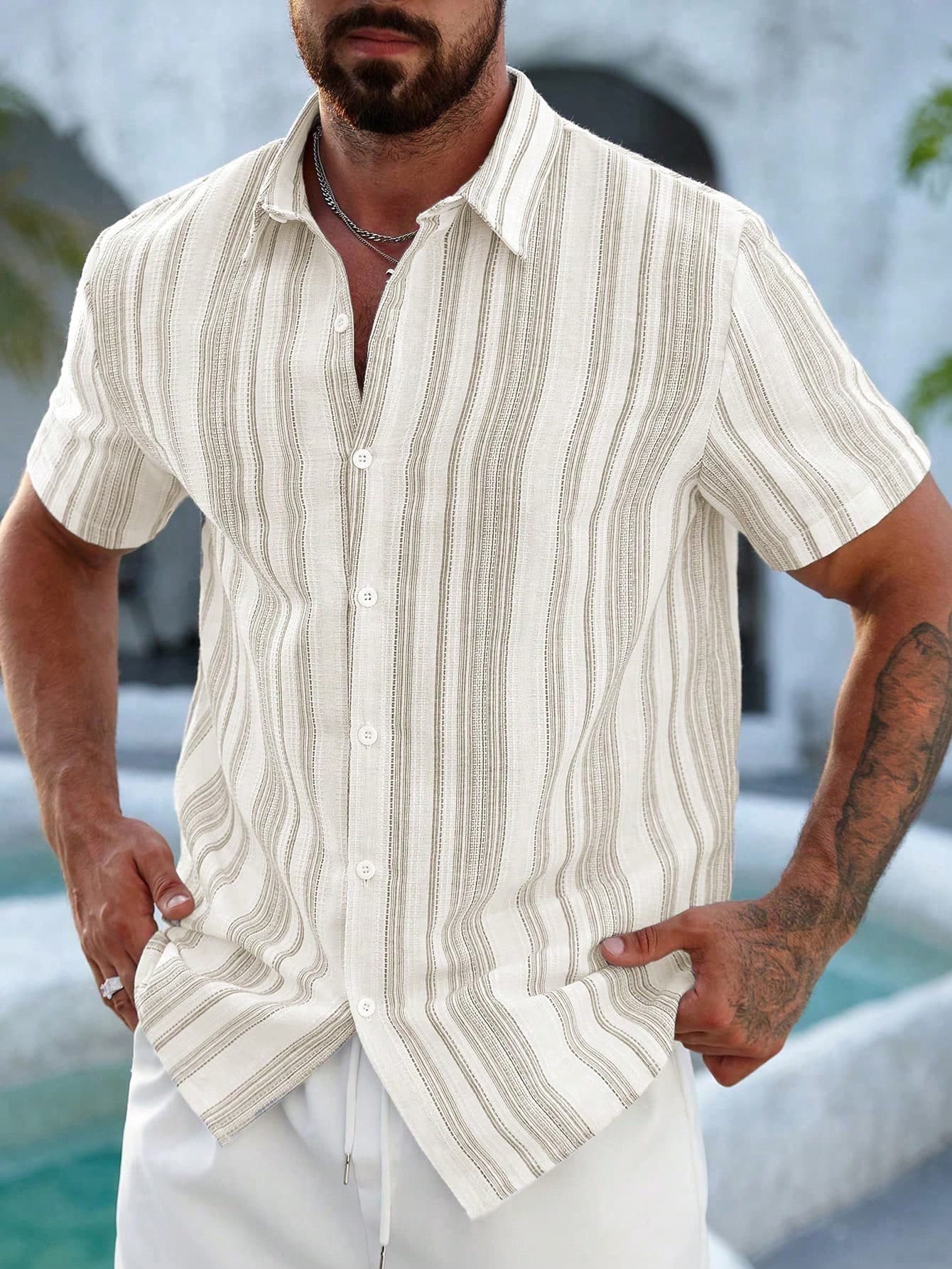 VENTUSAIL Regular Shoulder Striped Front Button Casual Summer Slim Fit Short Sleeve Shirt, Holiday