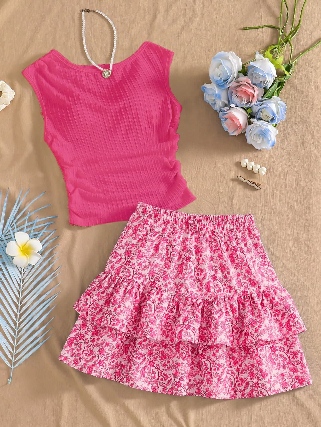 SHEIN Sparklyn 2-Piece Teen Girls Youth Suit,Cute Rose Pink Round Neck Pullover Vest & Matching Two-Tiered Cake Skirt,Stretch Knit Jacquard Summer Family Vacation