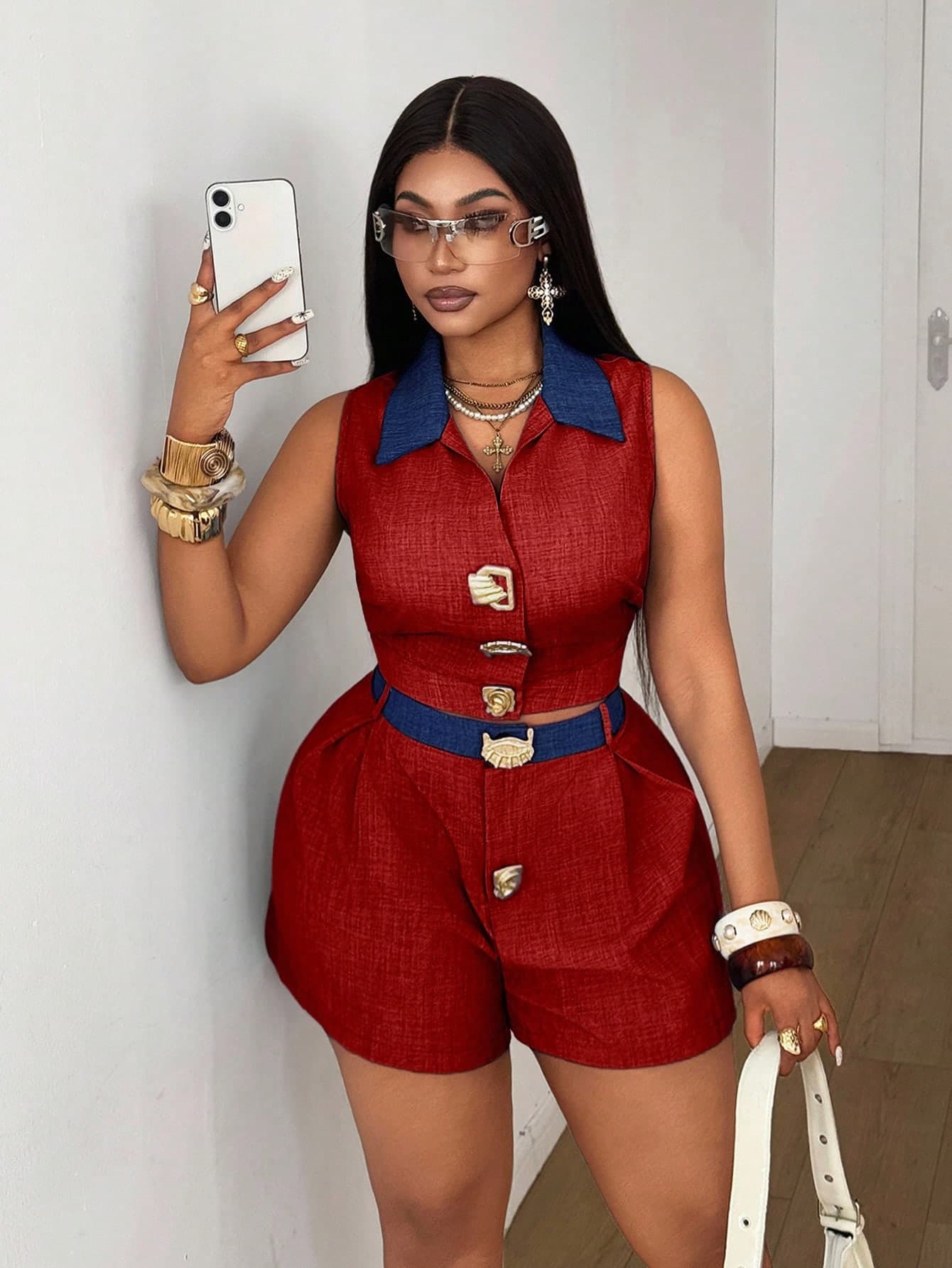 Maweii Plus Size Contrast Color Button Front Sleeveless Top And Shorts Casual 2 Pieces Set Formal Holiday Royal Blue Summer