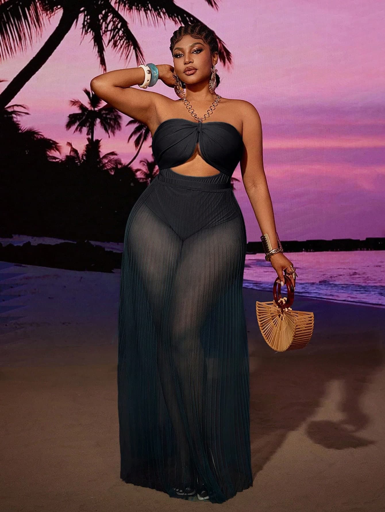 Maweii Women's Sexy Metal Ring Halter Neck Jumpsuit & Sheer Mesh Transparent Skirt Set, Fashionable Beach Vacation Outfit, Plus Size