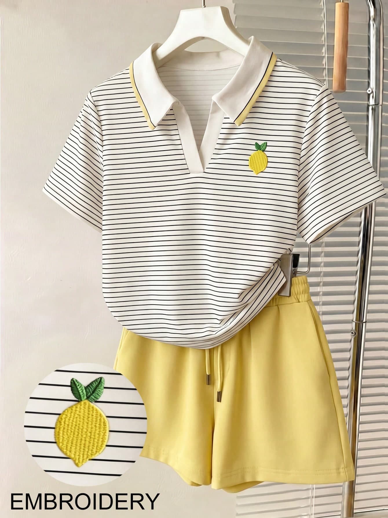 Resyla Women's Summer Casual Vacation & Commute Lemon Embroidery Striped Print V-Neck Short Sleeve T-Shirt And Shorts 2-Piece Set