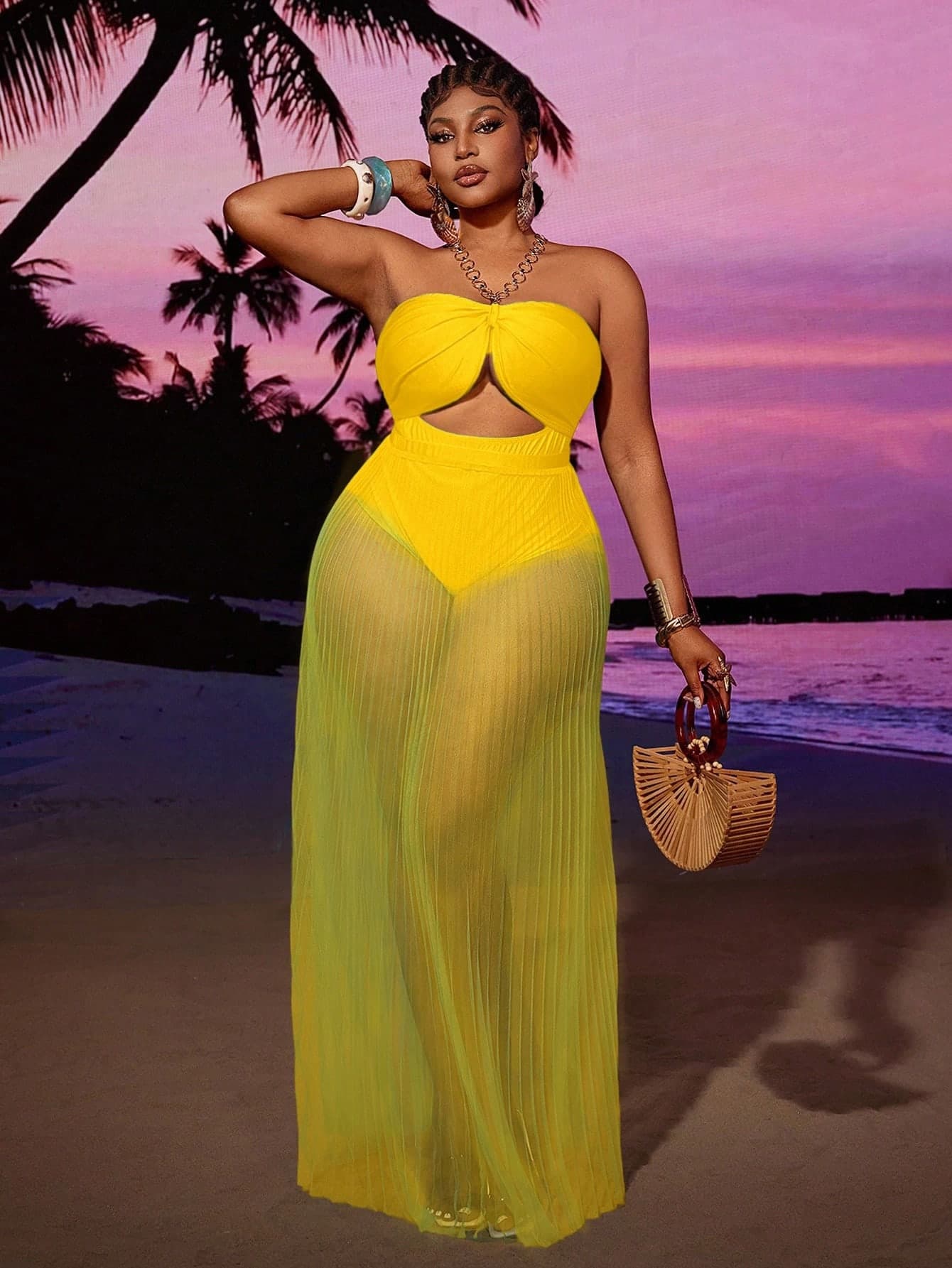 Maweii Women's Sexy Metal Ring Halter Neck Jumpsuit & Sheer Mesh Transparent Skirt Set, Fashionable Beach Resort Vacation Outfit, Plus Size