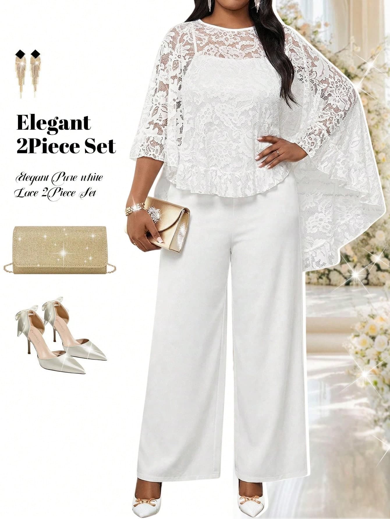 Fleurora White Autumn Bridal Elegant Wedding Formal Wedding Guest Plus Size Women's 2-Piece Set,Knitted Lace Cape Top And Spaghetti Strap Wide Leg Jumpsuit