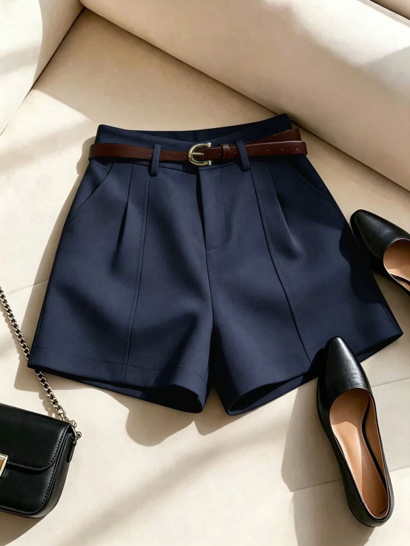 Franclia French Minimalist Fashion Woven Solid Color Commuter Casual, Retro, High Waist A-Line Wide Leg New Women Shorts