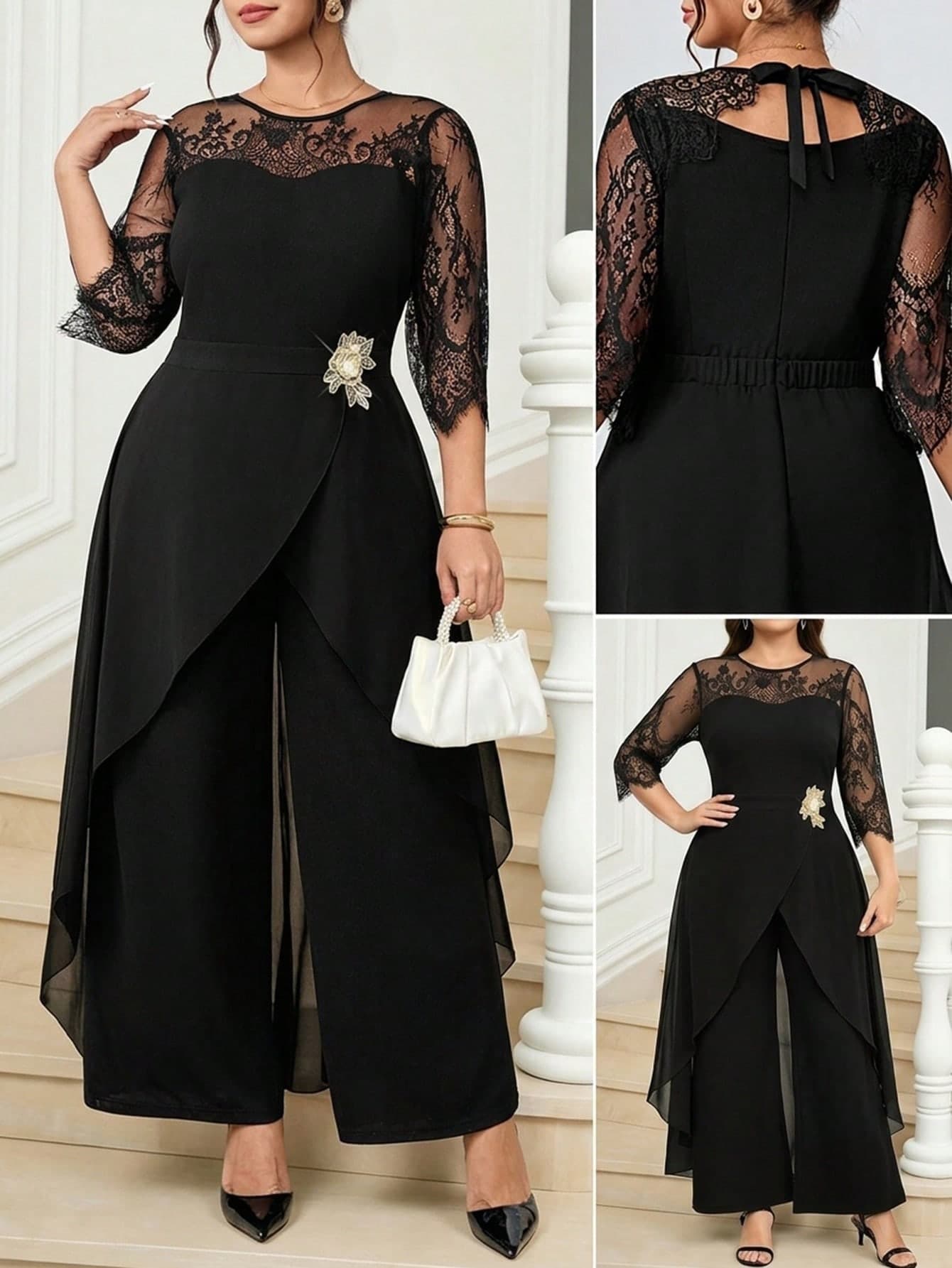Reflora Plus Size Elegant Black Jumpsuit,Winter Lace Patchwork 3D Floral Formal Evening Wedding Guest Outfits,Luxury Graduation Office Commuter Women's Set