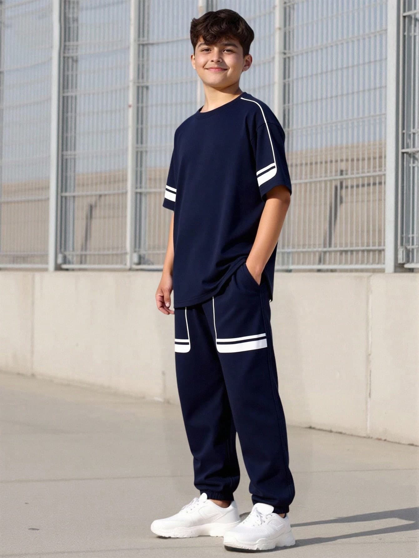 Vacaura 2pcs Casual Sports Drawstring Black T-Shirt And Pants Set, Suitable For Outdoor Activities In Summer, Teenage Boys