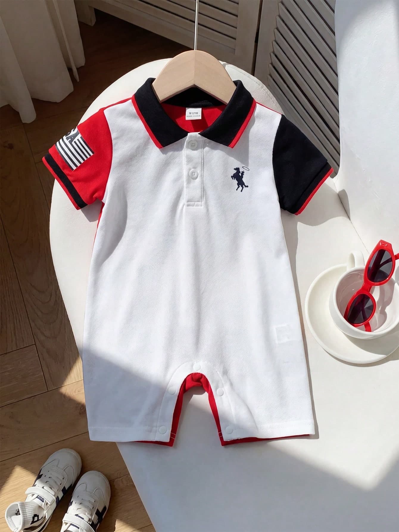 Souflis Souflis Toddler Boys' White And Black Summer Casual Vacation Polo Romper Embroidered Pony Multi-Color Collar Button Closure 3 Months-3 Years