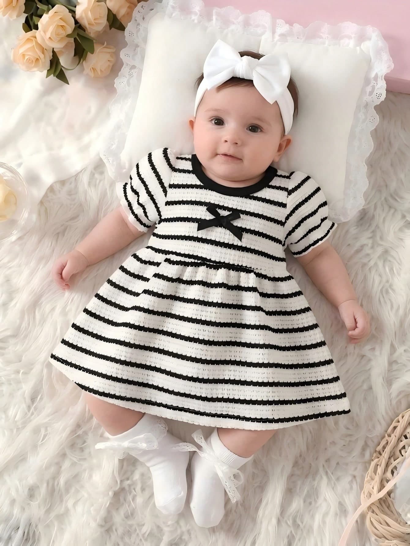 SHEIN Newborn Baby Girls' Elegant Cute All White Bow Decor Short Sleeve Dress, Summer Wedding Guest