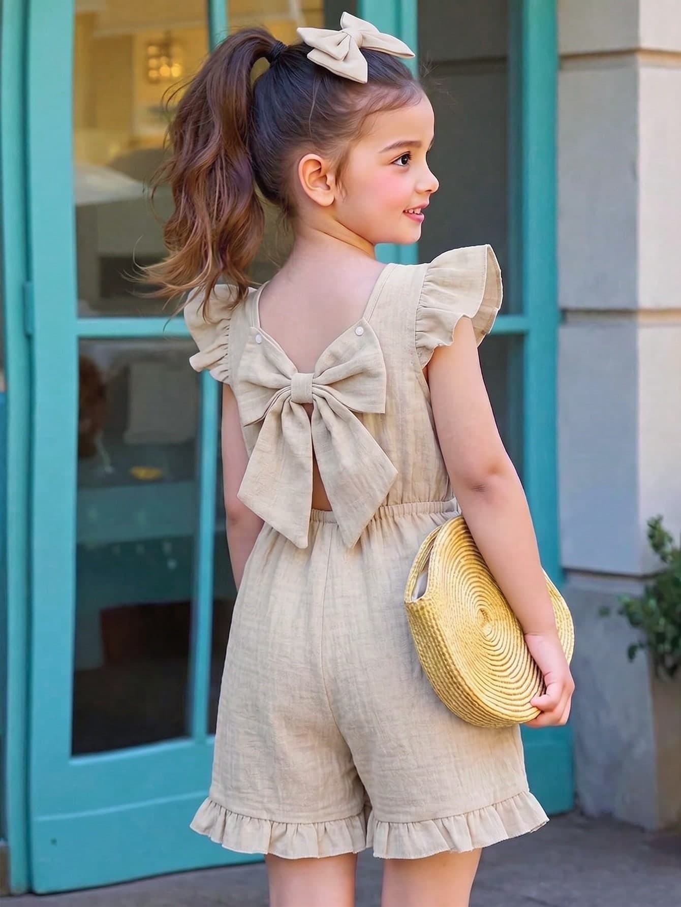 Elladie kids Girls' Fashion Casual Jumpsuit With Bowknot Sleeve, Young Girl Denim Effect Jumpsuit, Versatile Jumpsuit For Girls