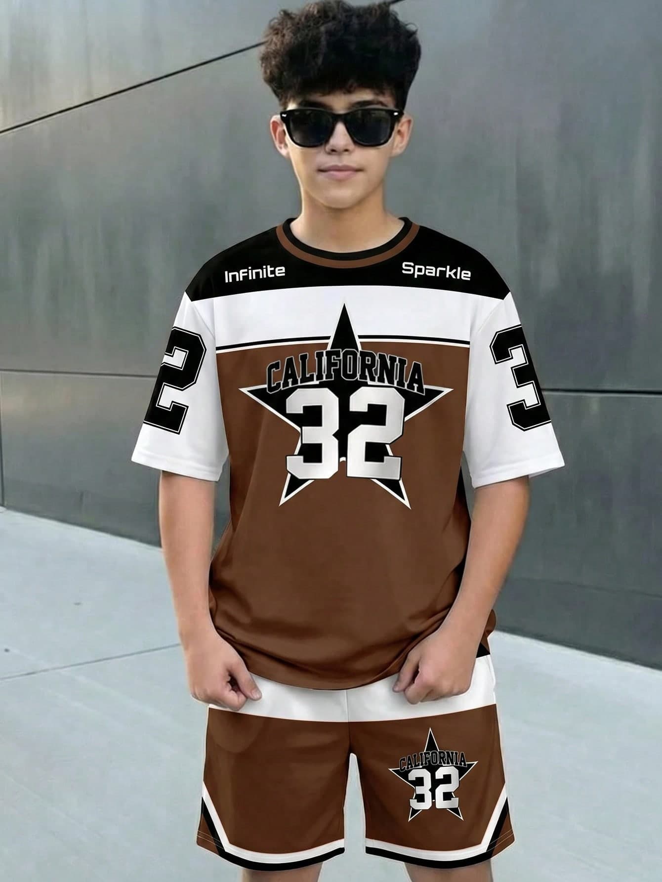 Coolqubz Teenager Boys' Spring/Summer Short Sleeve Tee And Shorts 2-Piece Set, Colorblock With Star & Number Print, Sporty Casual Street Style Outfit