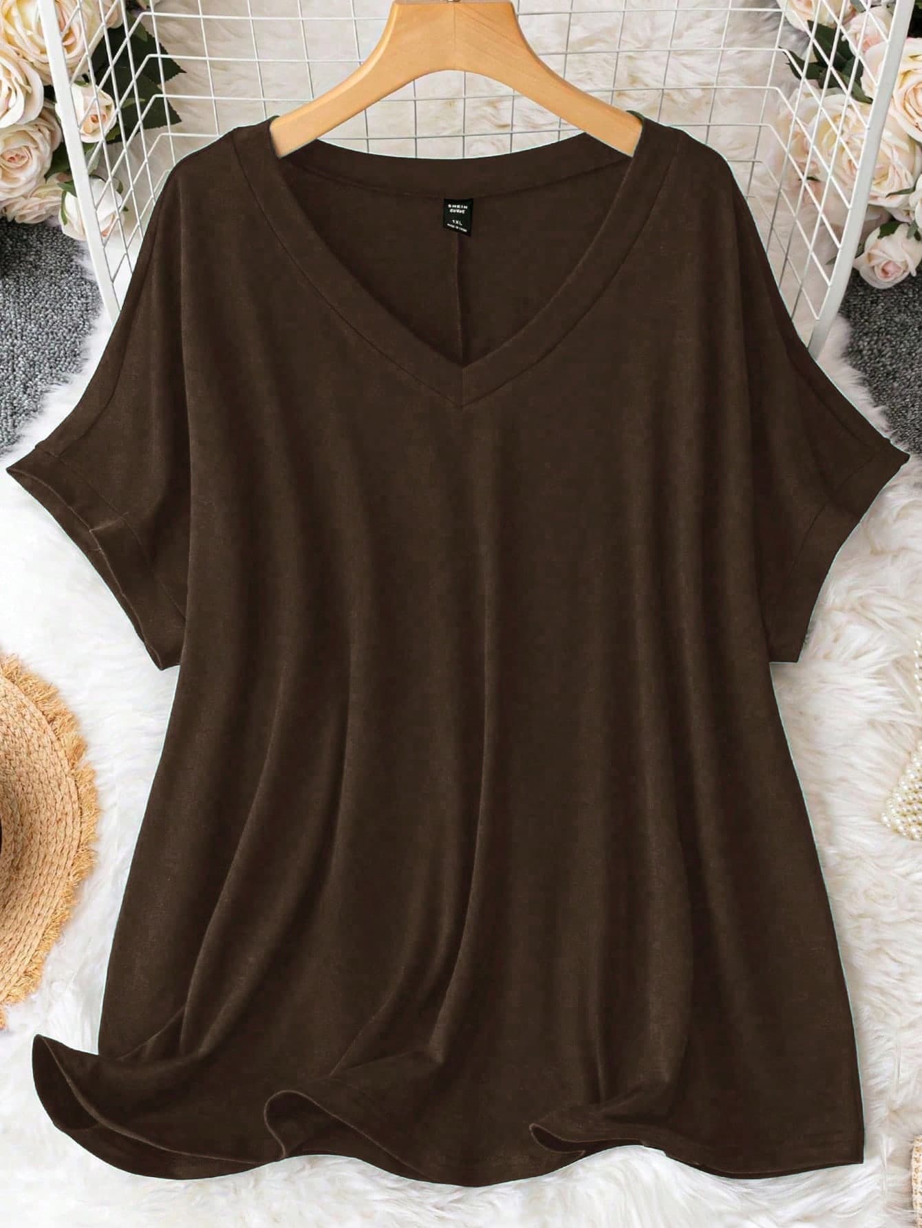 SHEIN CURVE+ Plus Size Casual Minimalist V-Neck Loose Knit Dress