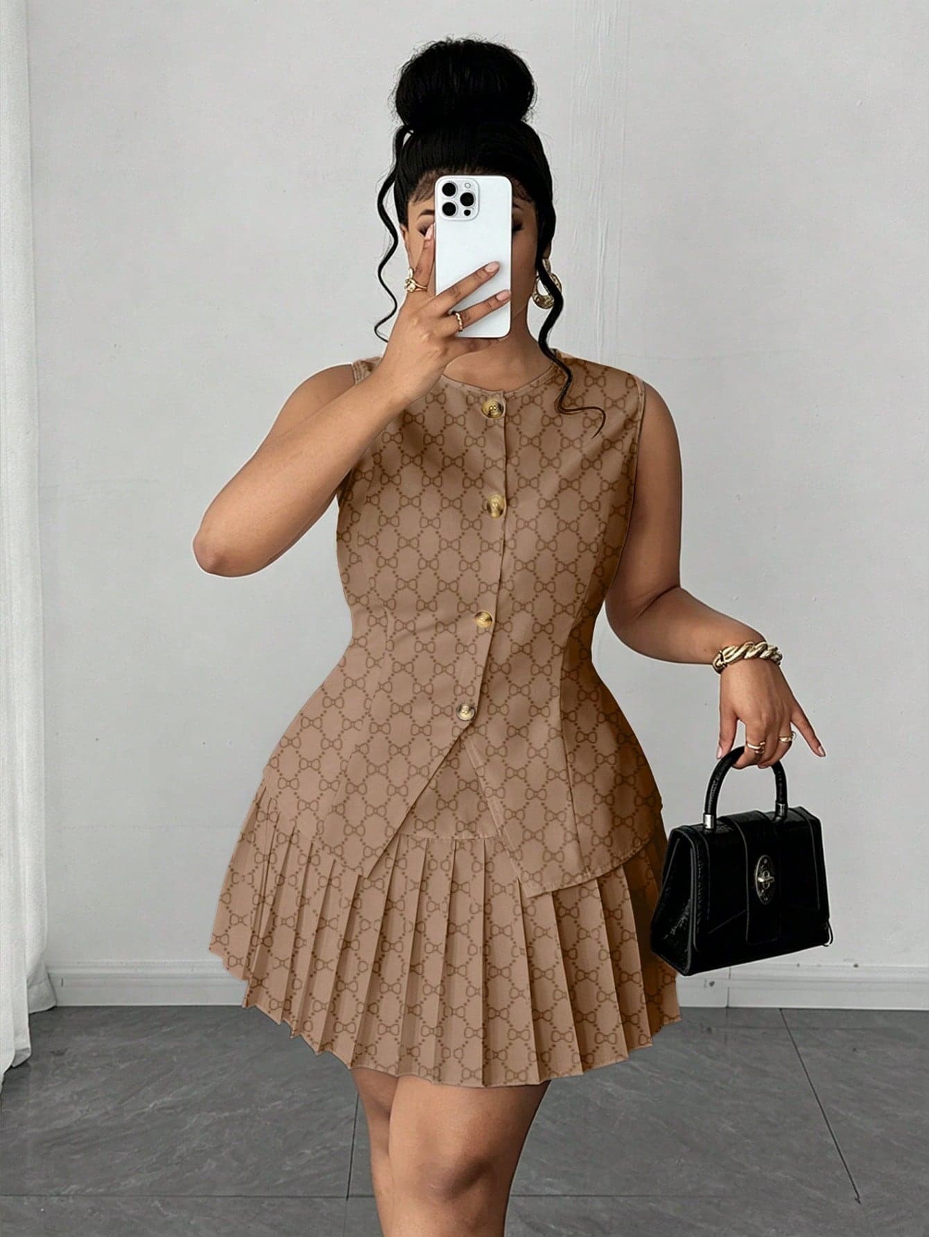Maweii Plus Size Women's 2026 New Polka Dot Print Fabric Round Neck Button Front Sleeveless Fitted Top + Elastic Waist Pleated A-Line Short Skirt 2-Piece Set