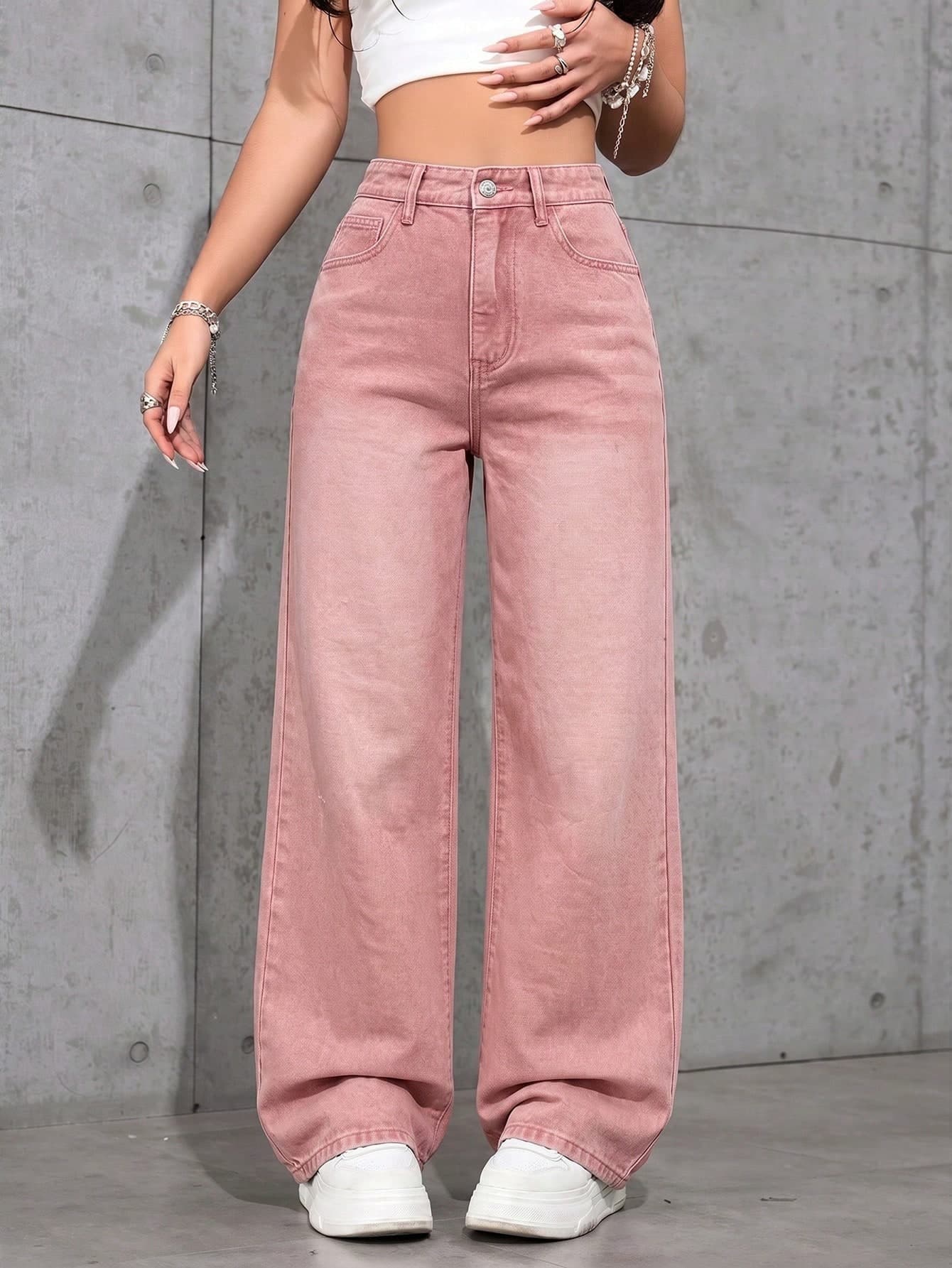 Jeanoix Solid Color Straight Loose Casual Pants With Belt Loops, Versatile