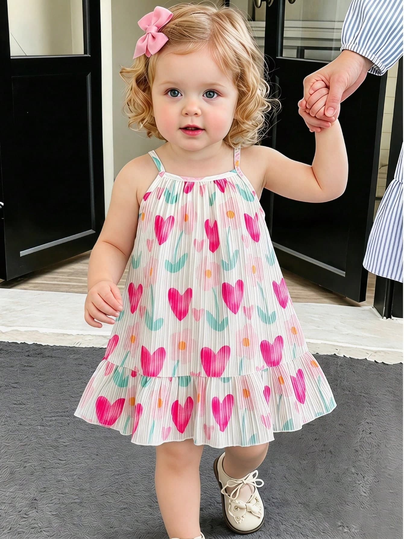 SHEIN Baby Girls' Summer Cami Dress White And Pink Heart & Floral Print Cute Ruffled Hem Playful Holiday Outdoor Wear Family Matching Comfortable Clothing