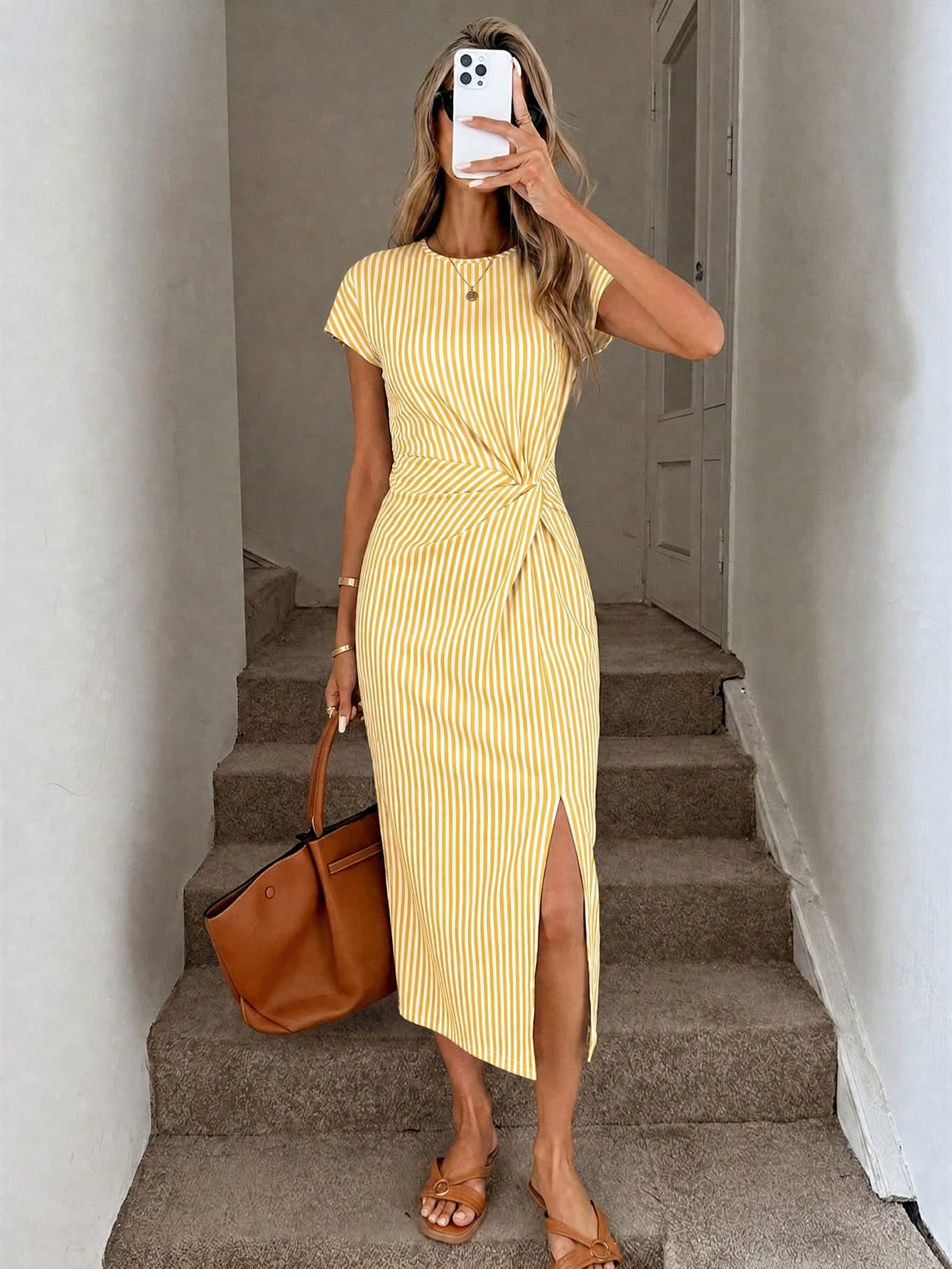 SHEIN LUNE Women's Elegant White And Yellow Striped Summer Vacation Casual Midi Dress,Twist Waist High Slit Textured Bodycon Wedding Guest Office Wear Outfit