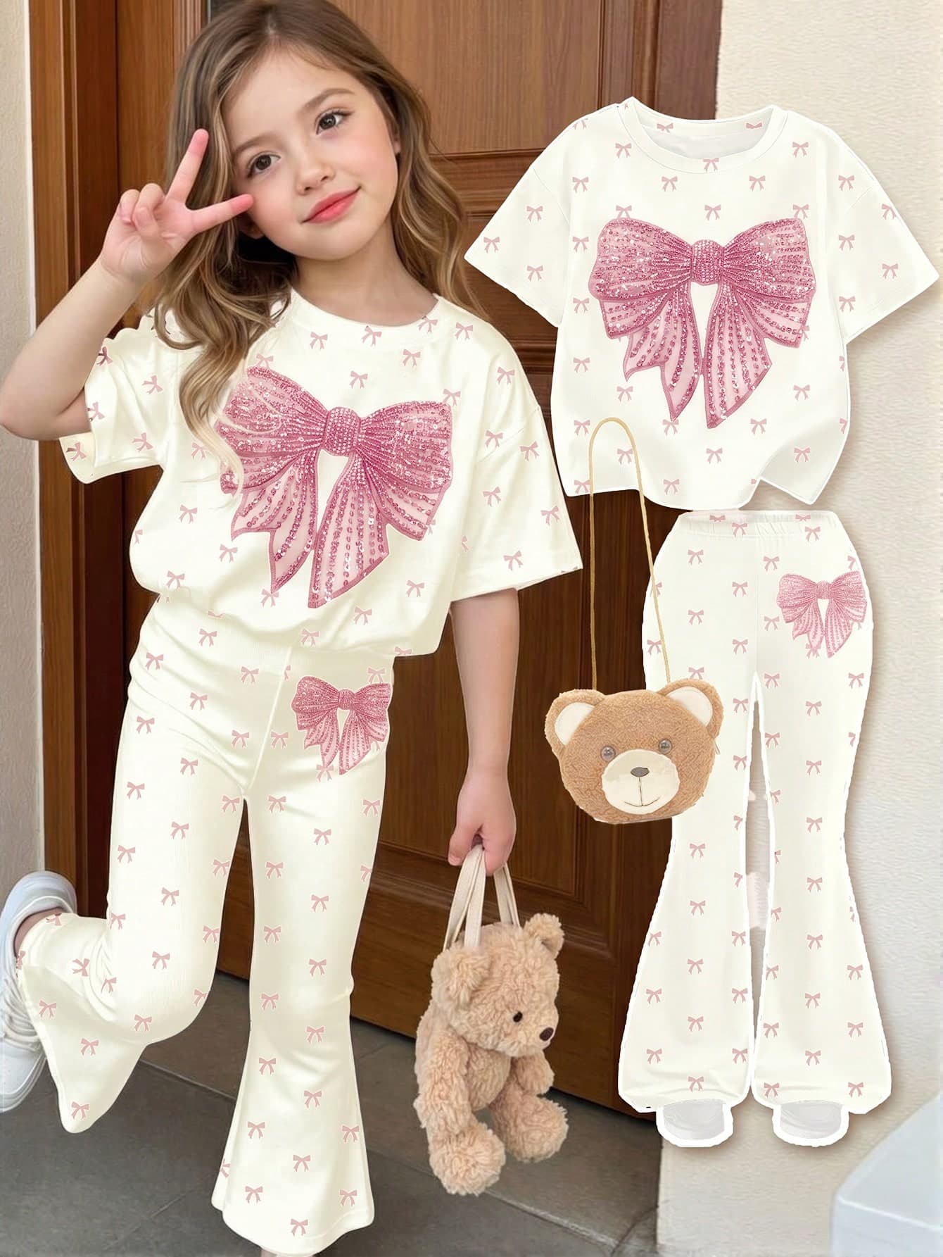 Light Pink Summer Birthday Young Girl 2 Pieces Set,Ballet Style Mini Bow Print Round Neck Short Sleeve Top & Flare Pants,Cute Casual Korean Outfits