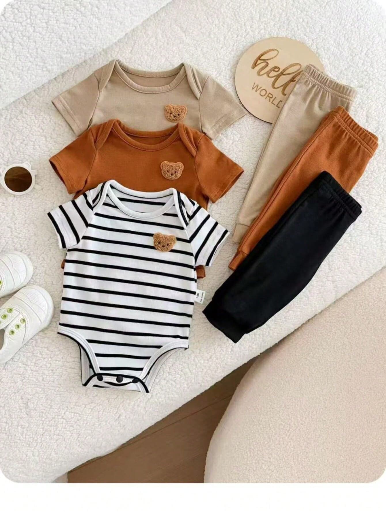 6pcs/Set Newborn Baby Boy Girl Black And White Striped Summer Casual Cute Romper Set With Knit Top And Pants,Family Matching Short-Sleeved Daily Wear