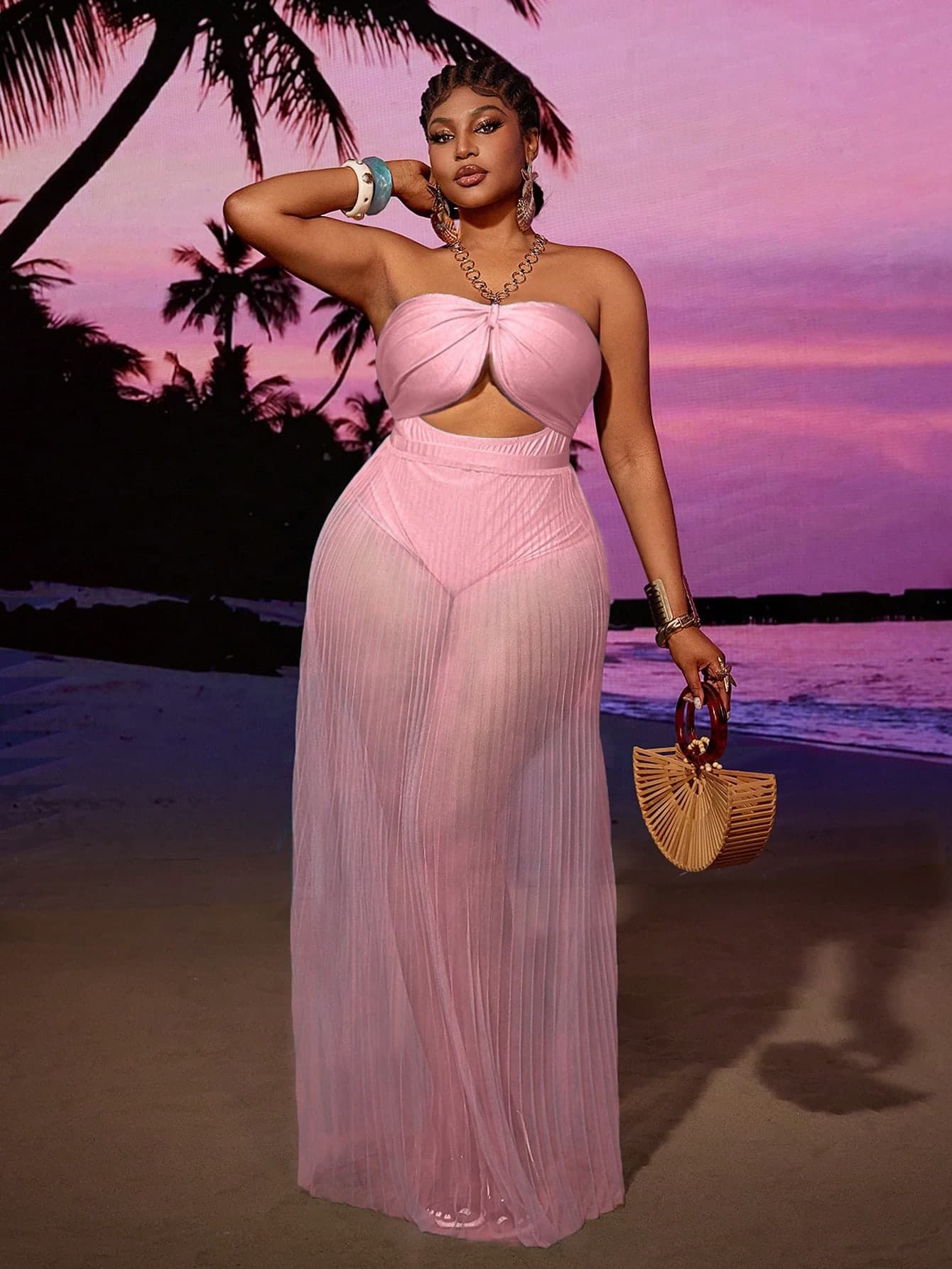 Maweii Women's Sexy Metal Ring Halter Neck Jumpsuit & Sheer Mesh Transparent Skirt Set, Fashionable Beach Vacation Outfit, Plus Size