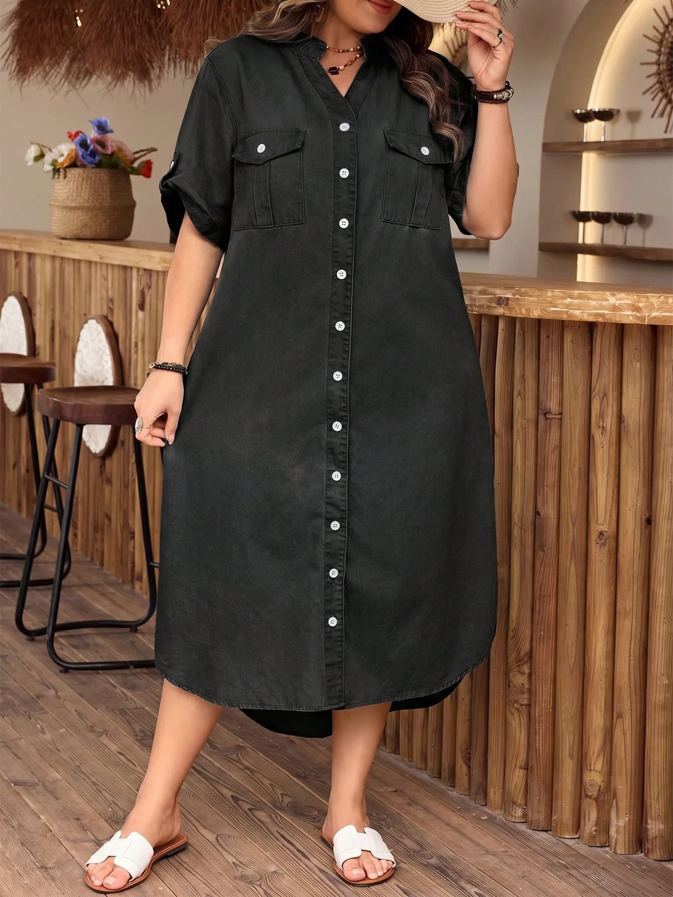 Breezaya Plus Size Solid Color Minimalist Casual Short Sleeve Denim Dress