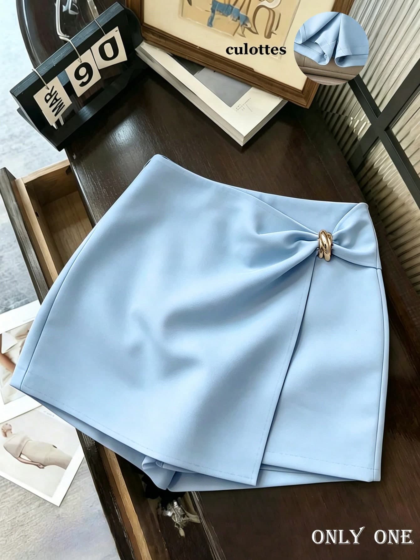 Franclia Women's Light Blue Skort,High Waist Asymmetric Hem Metal Buckle A-Line Mini Skirt Shorts,Elegant Summer Work Casual Commuter Double-Layer Suit Fabric