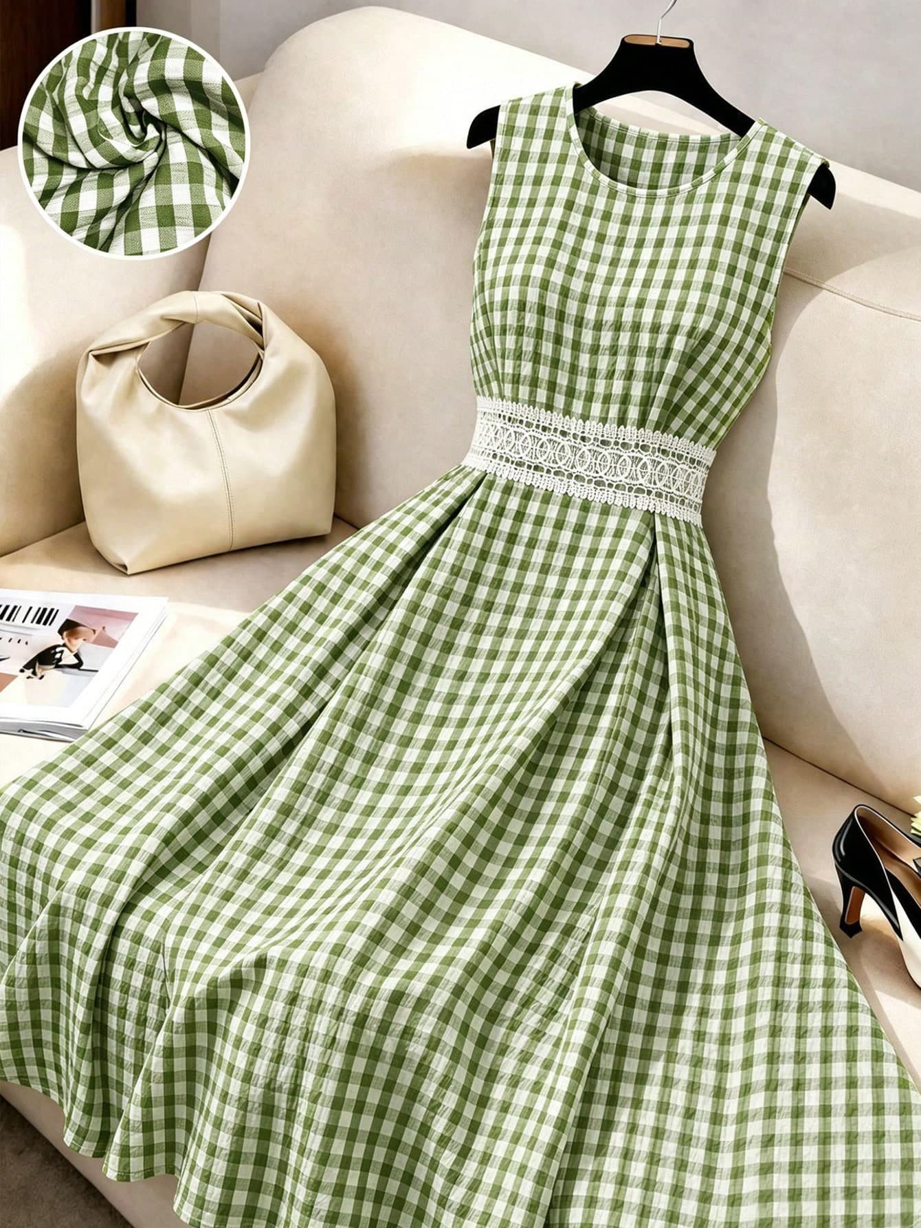 GlowEve CURVE Plus Size Sweet French Style Green Plaid Lace Patchwork Sleeveless Dress, Waist Cinched Slimming Mid-Length Summer Dress