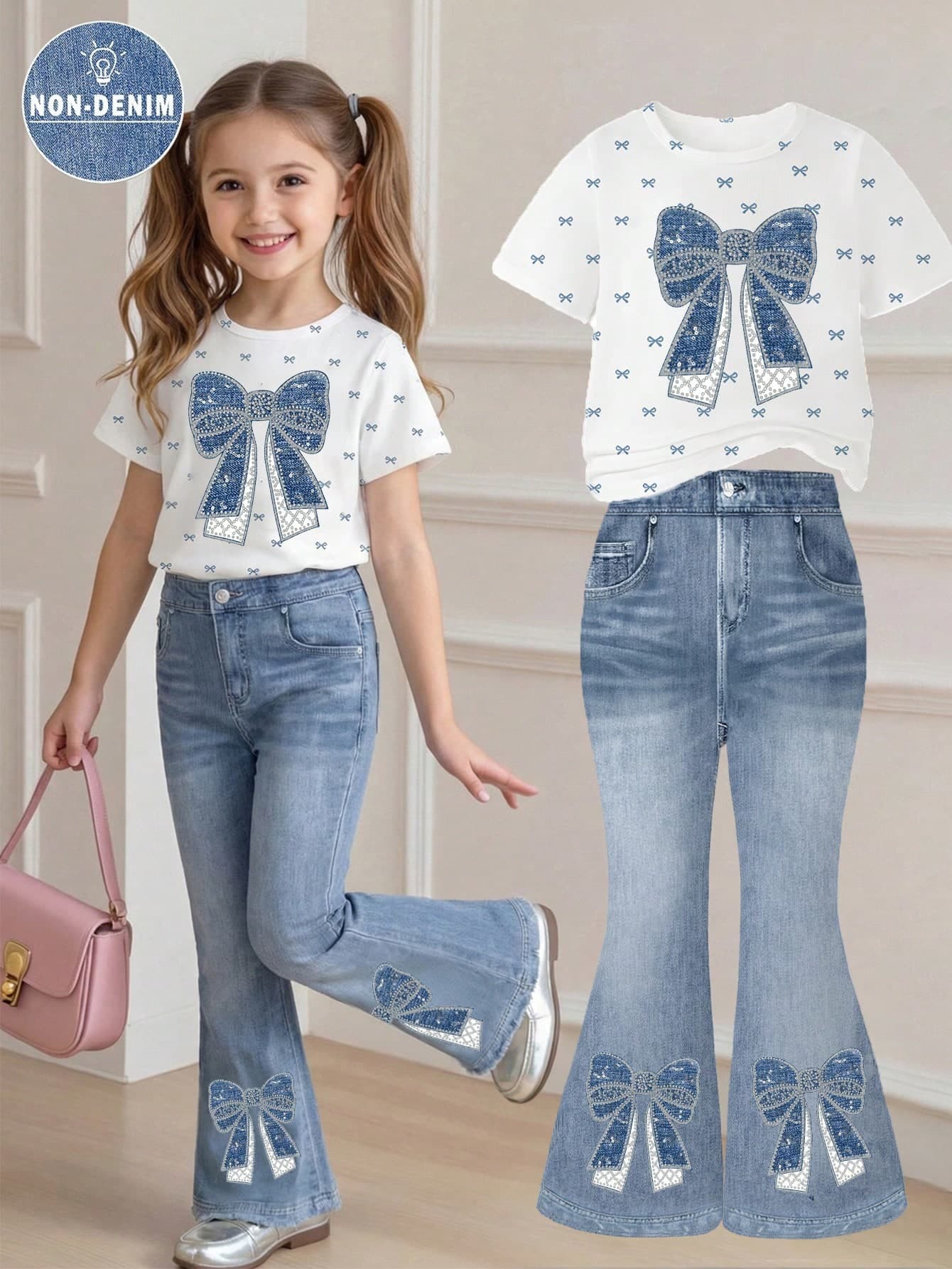 2pcs/Set Toddler Girls' Summer Denim Bow Print Soft Fabric Round Neck Short Sleeve T-Shirt And Elastic Waist Bell-Bottom Pants Casual Fashion Set