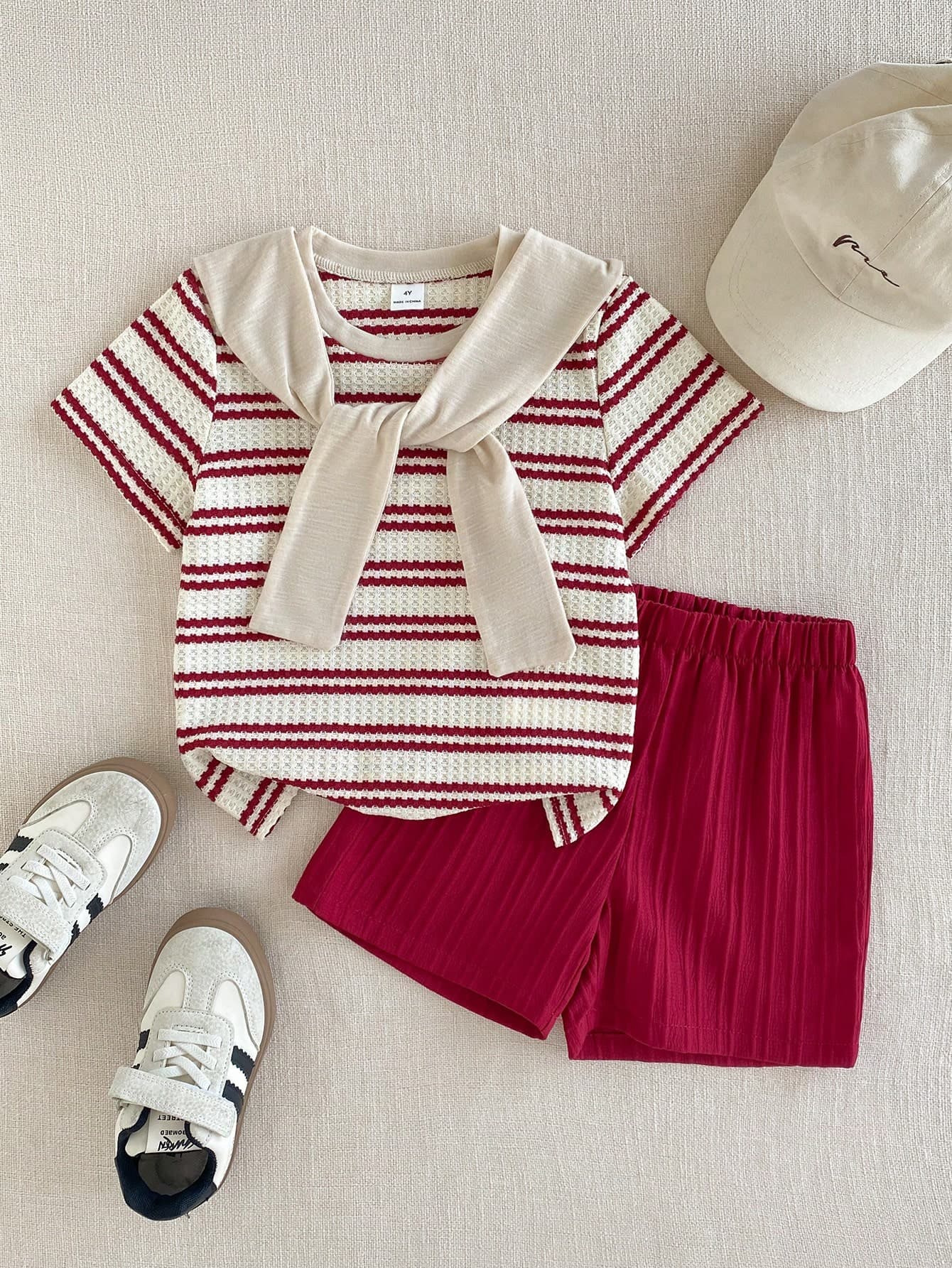 PrepCrw Kids 2pcs Boys' Elegant Urban Red Striped Round Neck Short Sleeve Top Shorts With Summer Matching Family Back-To-School Outfit Casual Outings School
