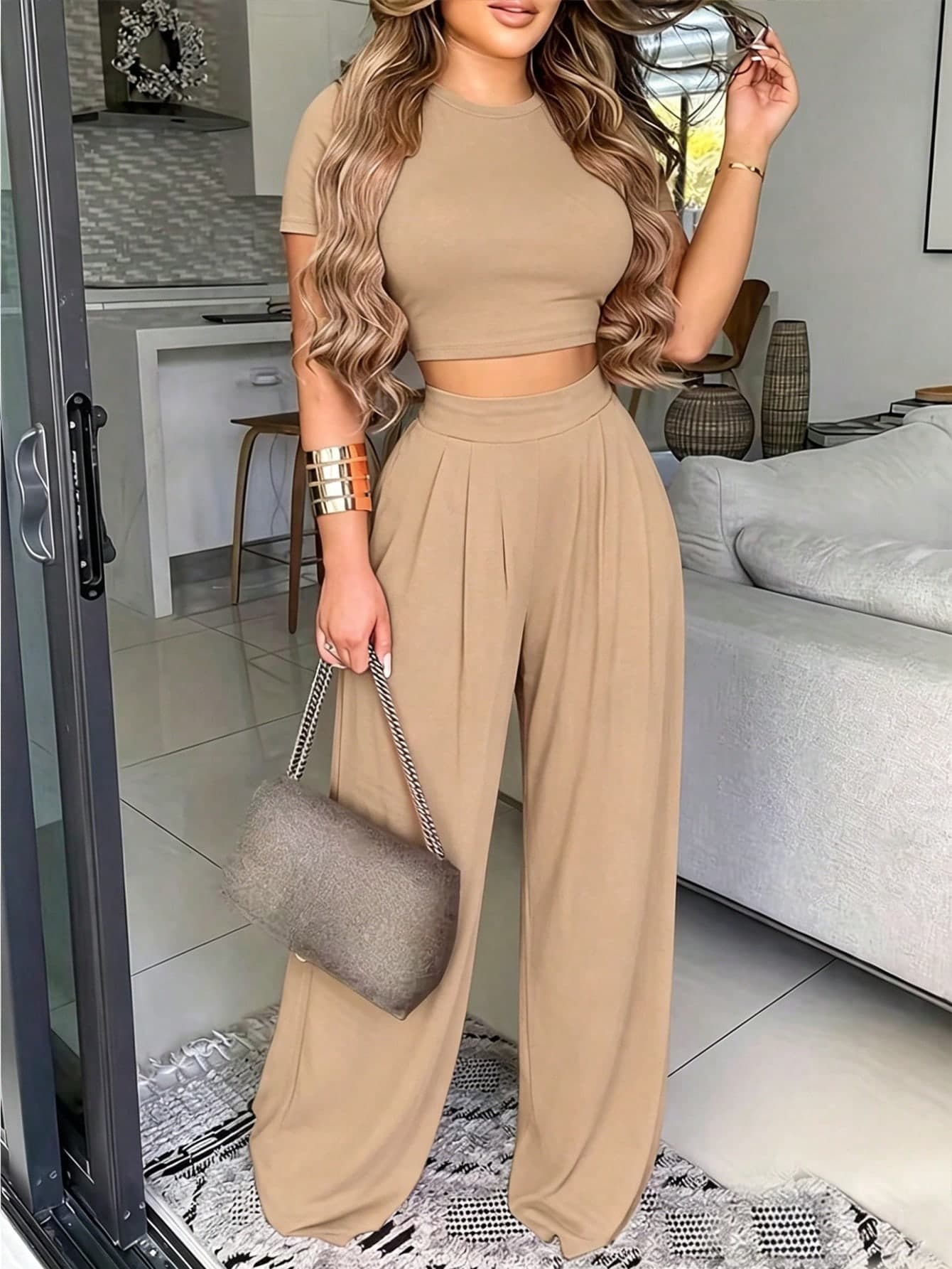 Selianne Women's Solid Color Round Neck Short Sleeve Top And Pleated Wide Leg Pants Casual 2-Piece Set