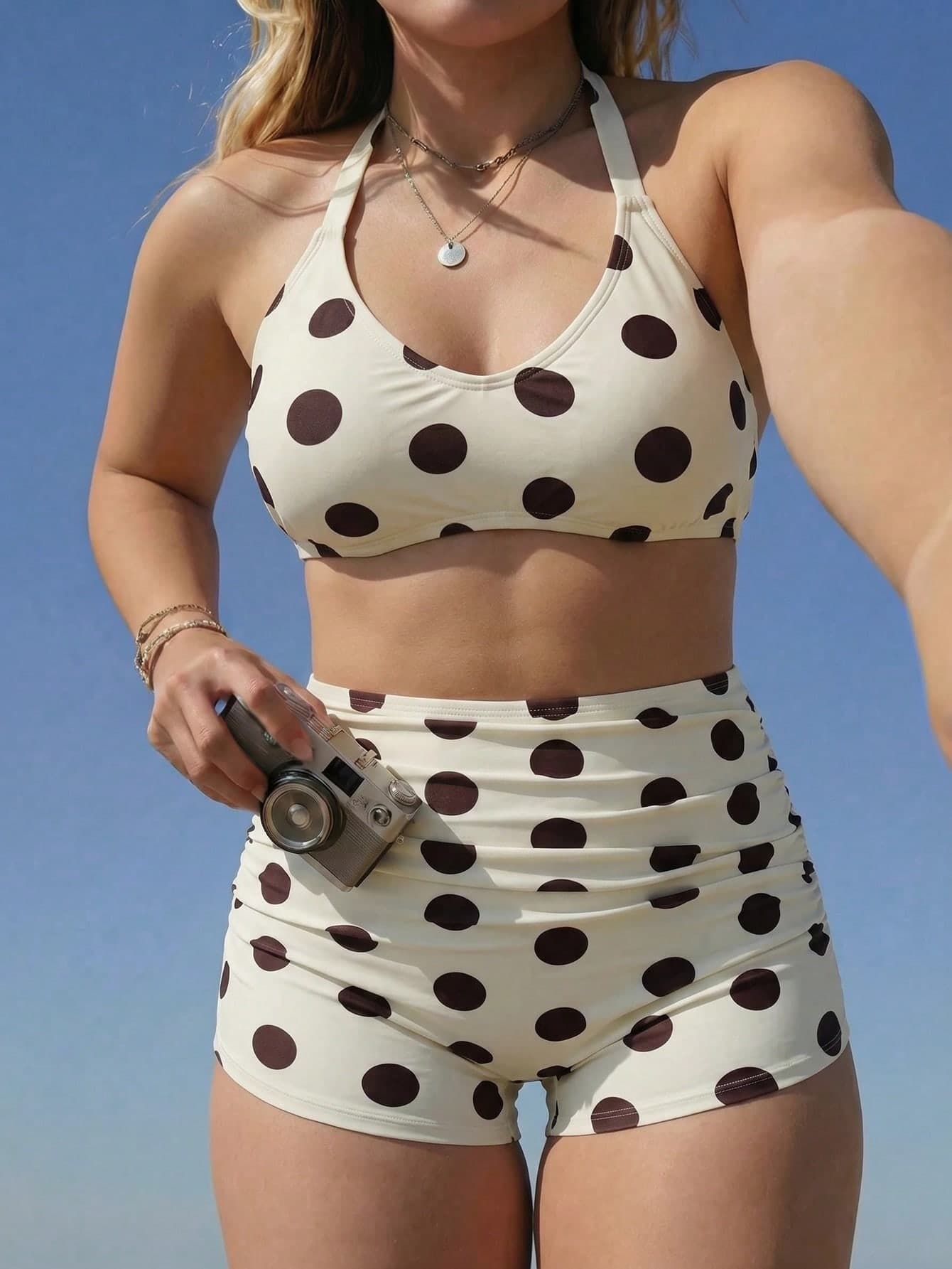Swim Mod 2026 New Summer Beach Plus Size 2-Piece Set, Polka Dot Print Casual Tie-Up Top, High Waist Shorts And Swimwear