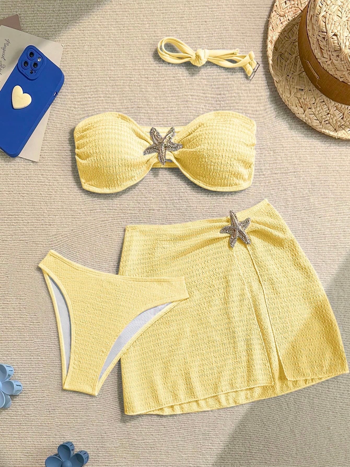 Soleia Women's Summer Beach Vacation Metal Starfish Decor Bikini Set With Cover-Up Skirt, 3-Piece Set