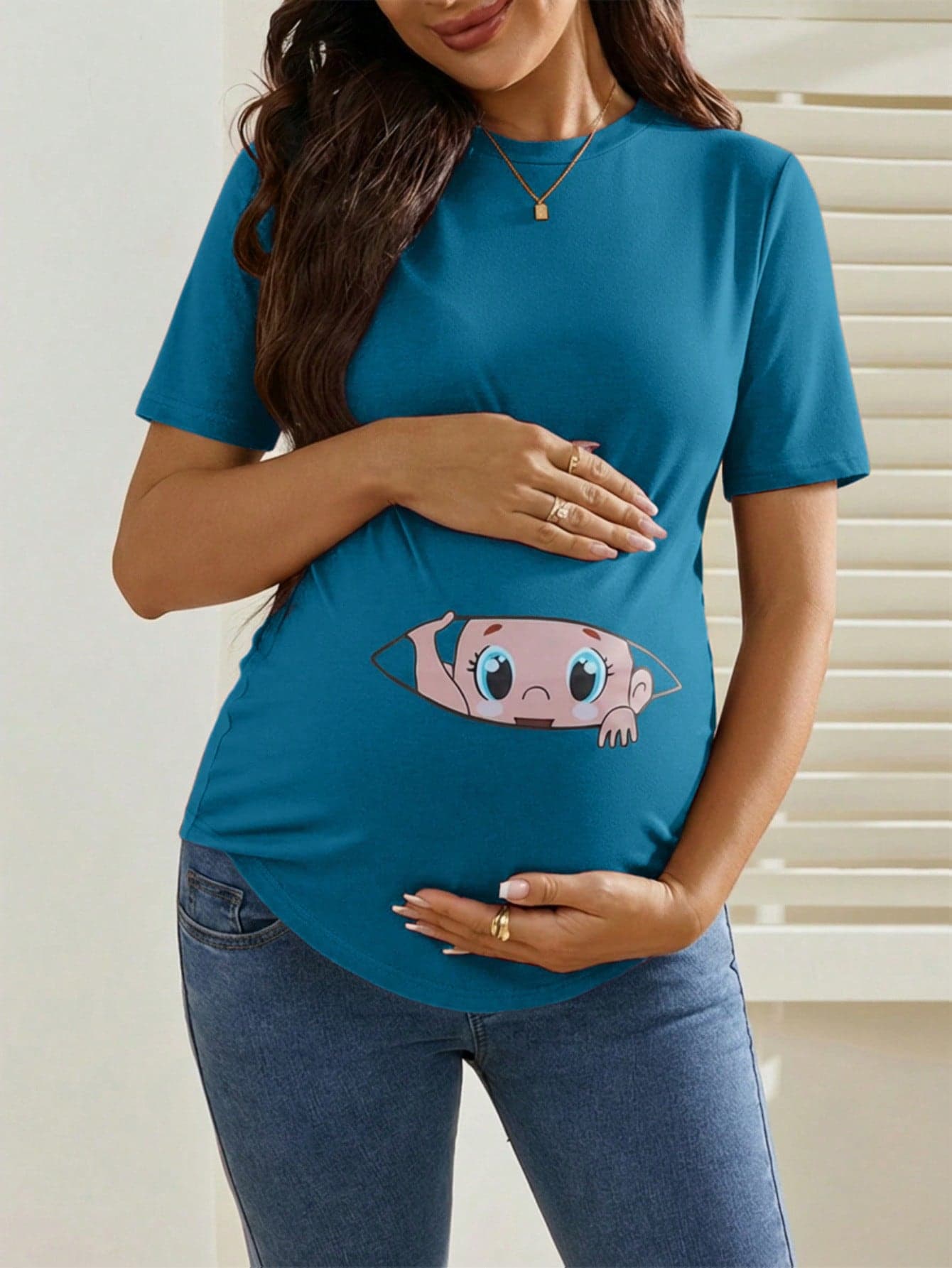 SHEIN Maternity Casual Cartoon Print Round Neck Short Sleeve T-Shirt, Versatile For Daily Wear