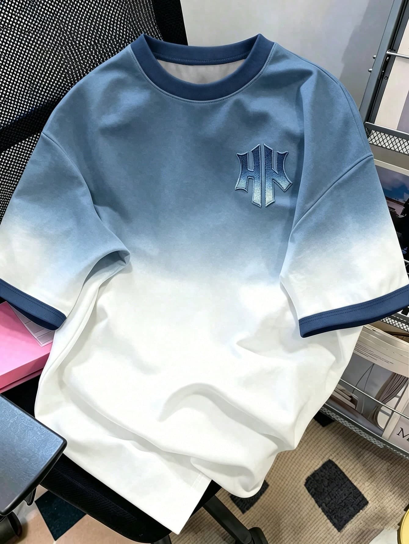 Manfinity Joysei Men's Blue-White Gradient Logo Tee, Casual Street Top, Ideal For Street, Hangouts, Parties & Daily Wear, Holiday