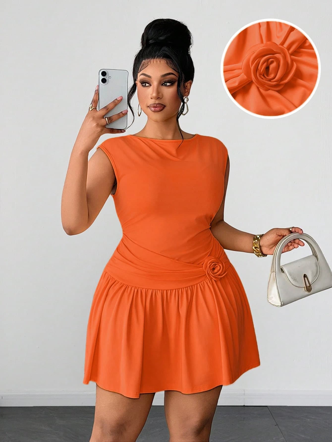 Maweii Burnt Orange Plus Size Summer Elegant Dopamine Floral 3D Design Ruched Waist Flounce Hem Fitted Midi Dress, Chic Women Party Daily Wear