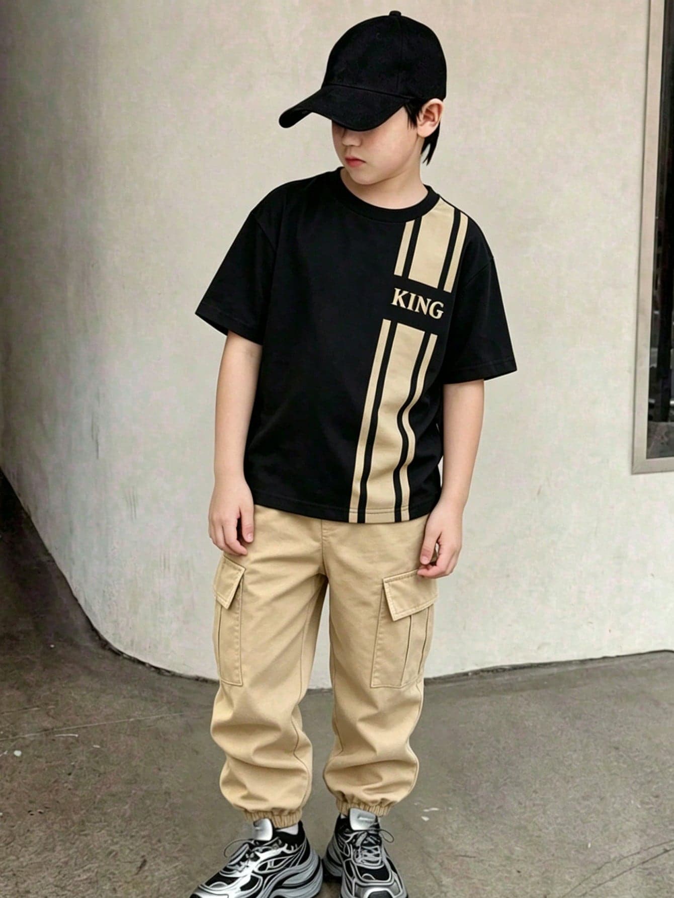 Teenager Boy Black Summer Streetwear City Break KING Print English Letter Round Neck Short Sleeve T-Shirt And Cargo Pants Set,Comfortable Lightweight