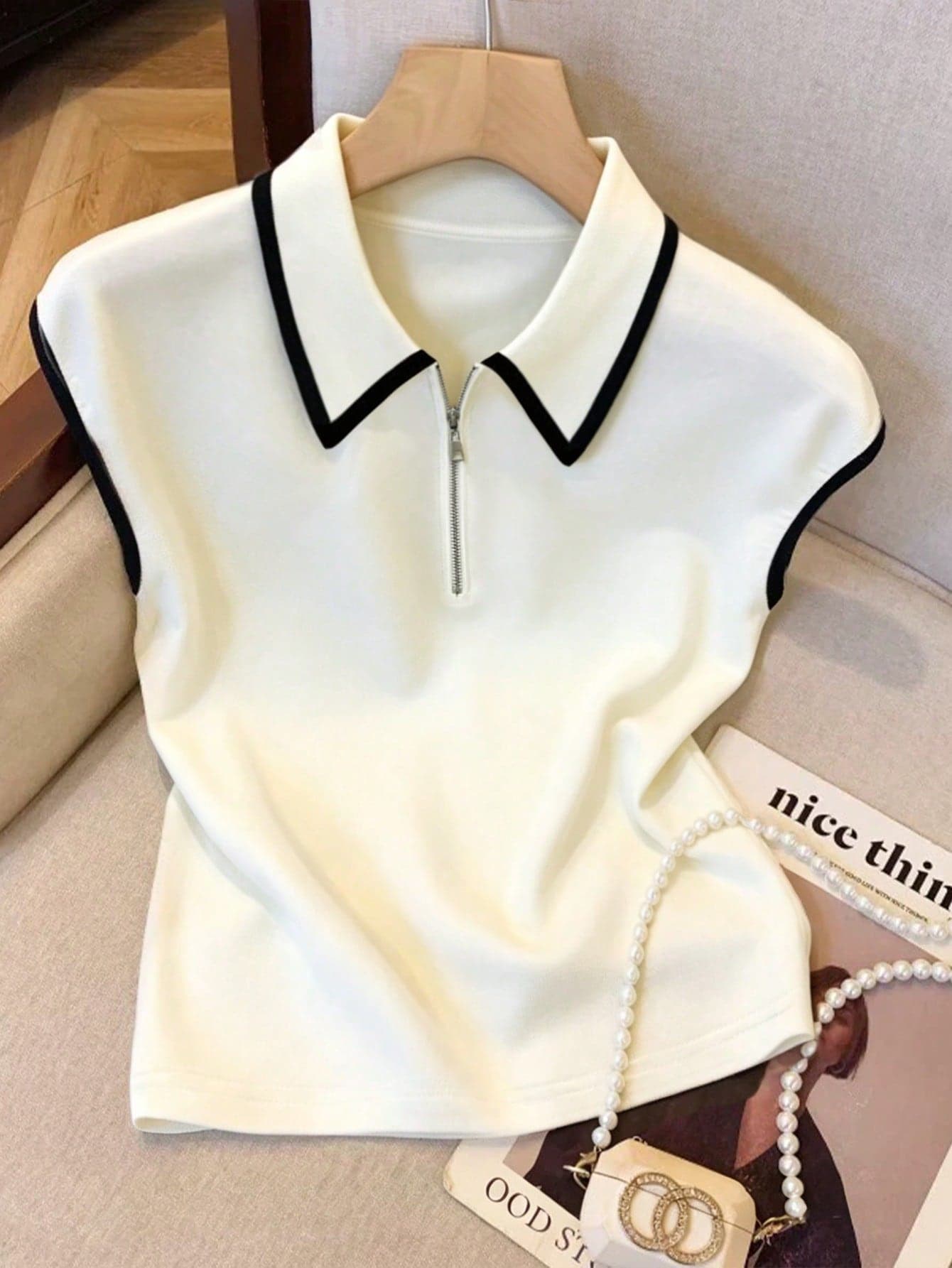 Franclia Women's Summer Casual Elegant Commuting White Patchwork Fashion Collar Zipper Polo Shirt Fitted Knitted Sweater, Must-Have For Back-To-School Season