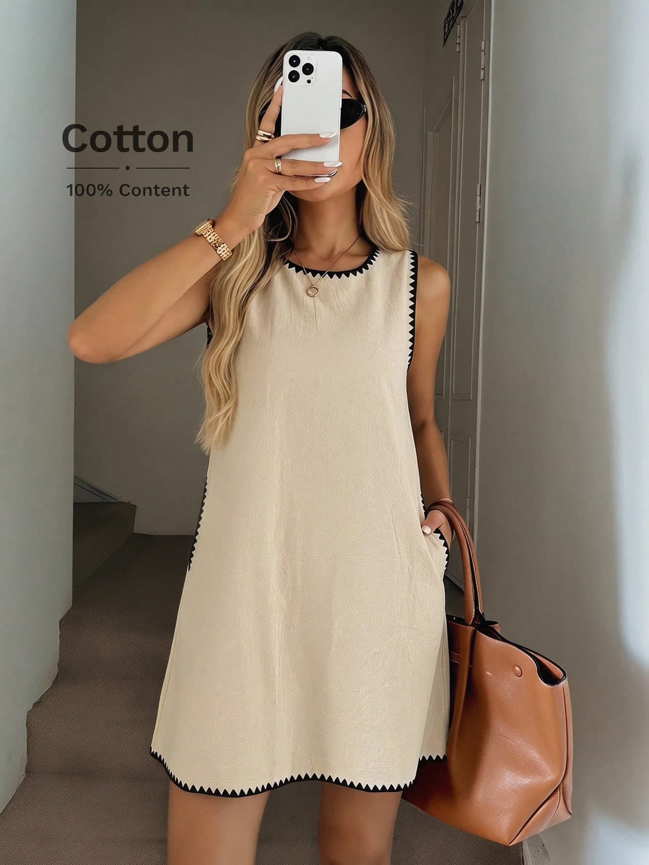 Easowa Beige Chic Cotton Round Neck Slant Pocket Embroidered Contrast Trim Sleeveless A-Line Dress, Elegant Brunch Summer Resort Dress For Women