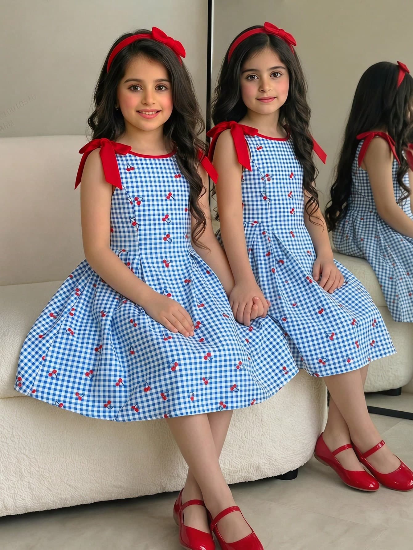 SHEIN Young Girl Woven Colorblock Plaid Bow Decor Sleeveless Casual Cute Dress Party Birthday Blue And White Striped Summer Holiday Vacation