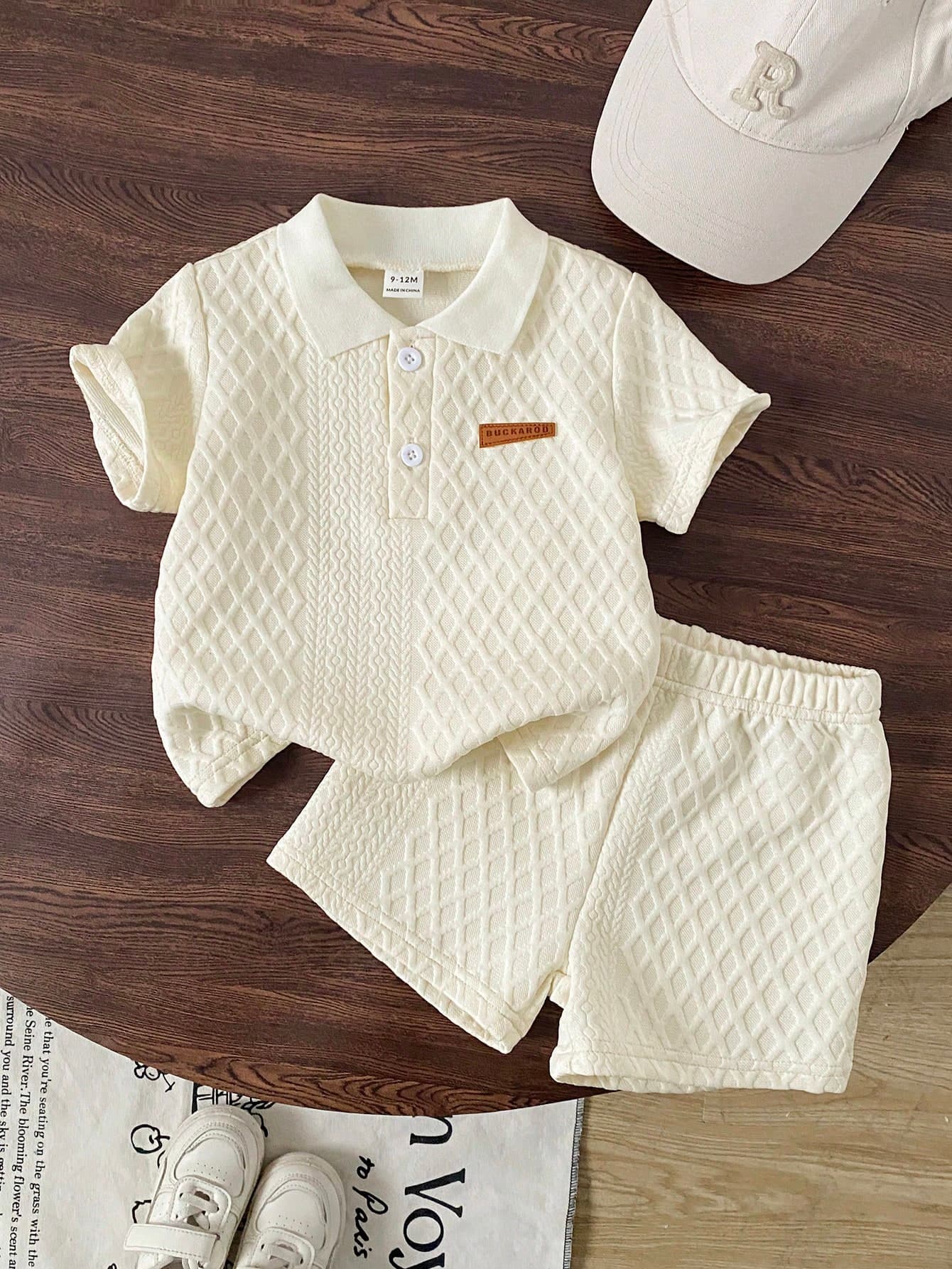 Souflis Souflis 2pcs Infant Baby Boys Off-White Summer Casual Family Matching Outfits Loose Fit Button Ribbed Polo Shirt With Elastic Waist Shorts Set 3M-3T Clothes