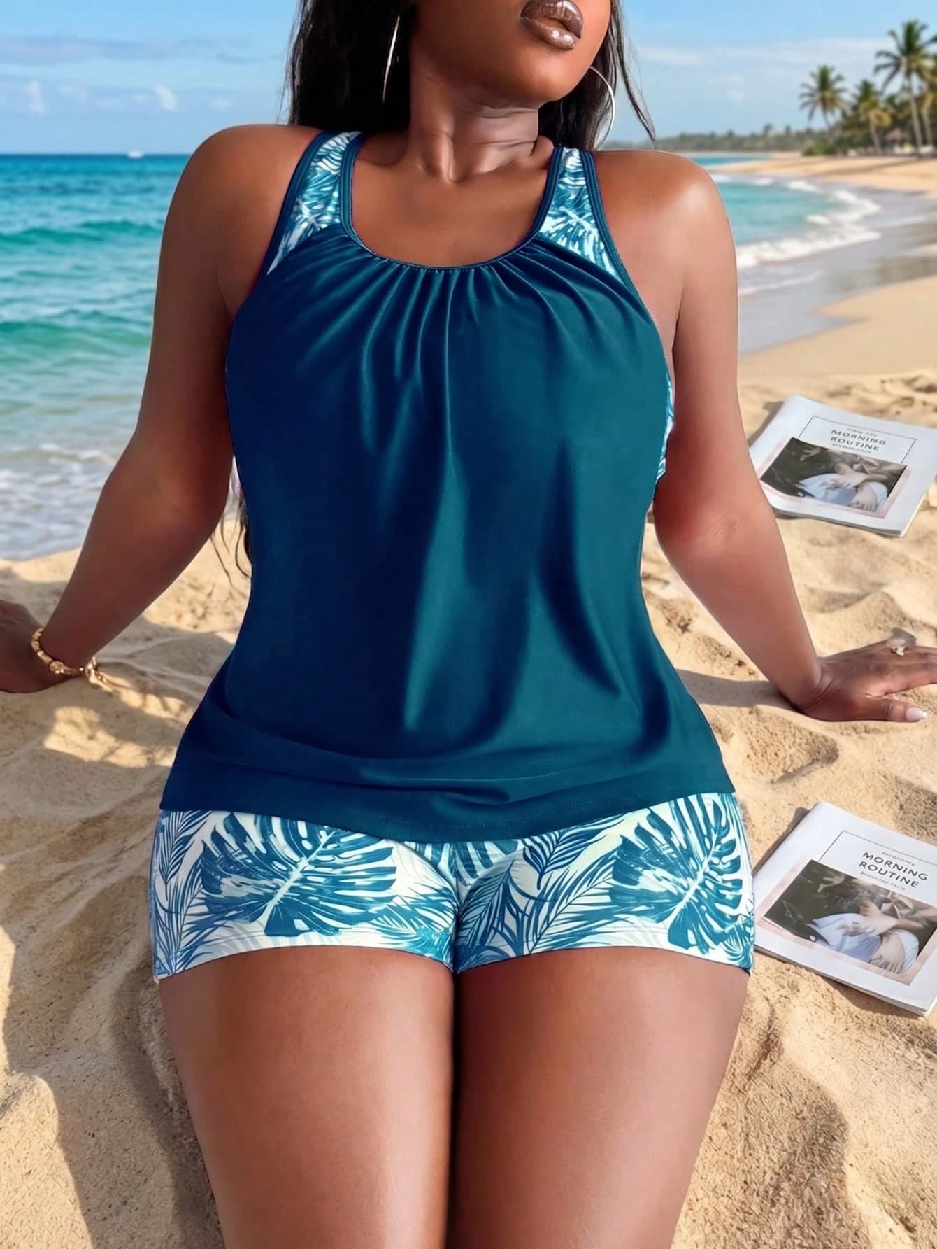 Swim Lushoire Plus Size Women Random Print Tankini Top And Shorts 2 Pieces Swimwear Set Beach Vacation Gym Beach Vacation Vacation Teal Summer