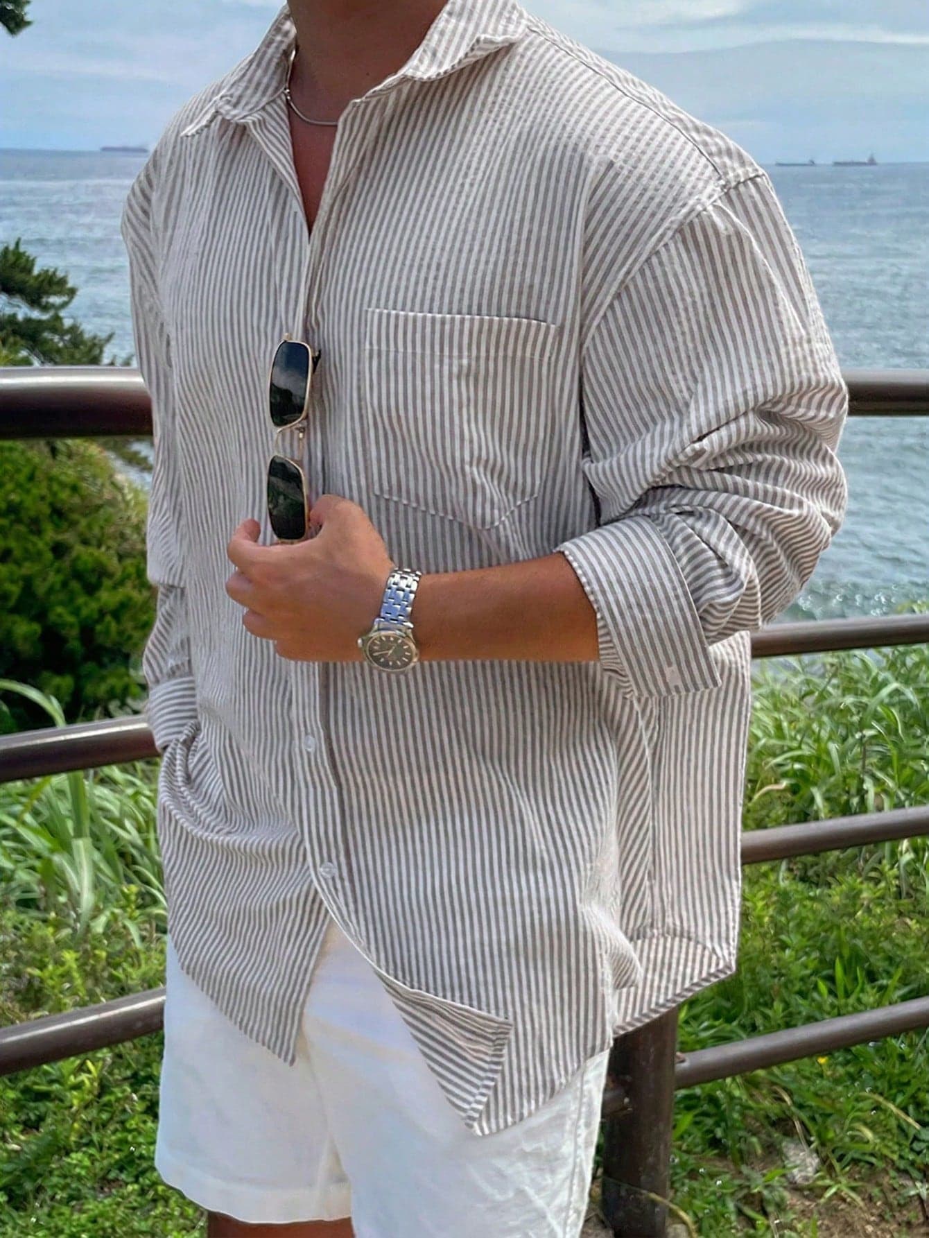 DAZY Black & White Striped Long Sleeve Loose Fit Men's Shirt