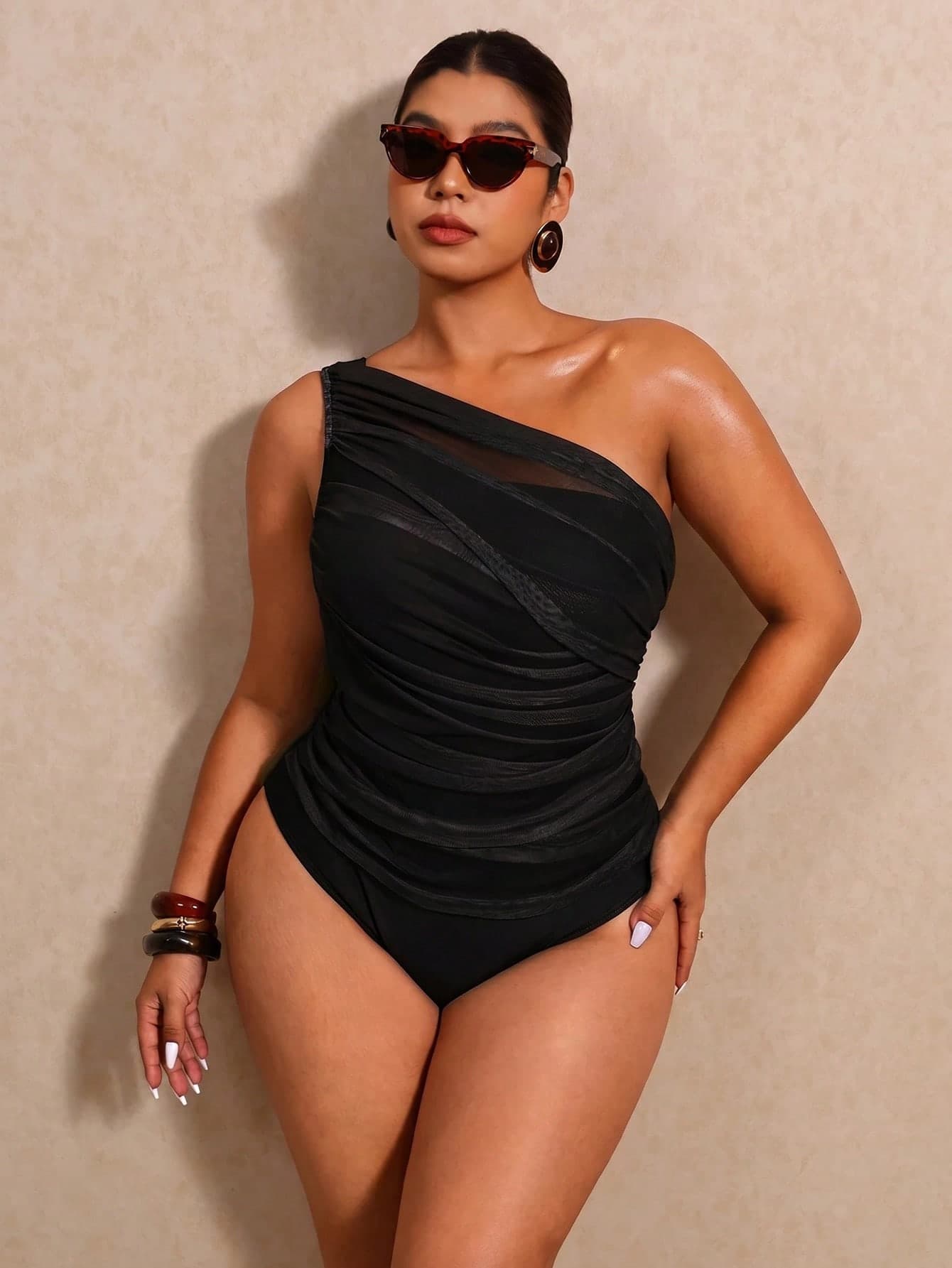 Elaquor Plus Size Solid Color One-Piece Swimsuit For Beach Vacation