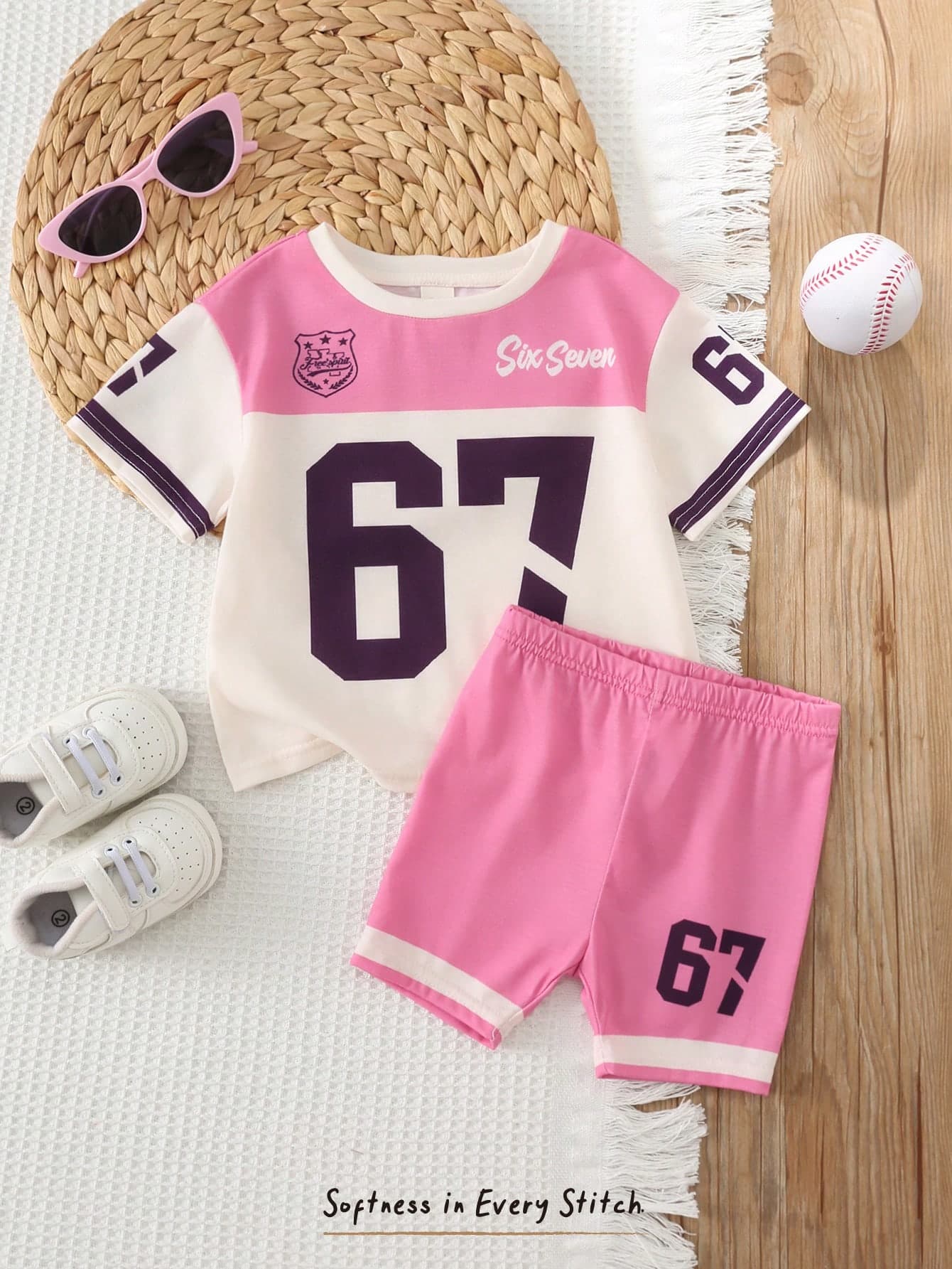 Cozy Pixies 2pcs Baby Girl Soft Knit Round Neck Short Sleeve T-Shirt And Elastic Waist Shorts Set