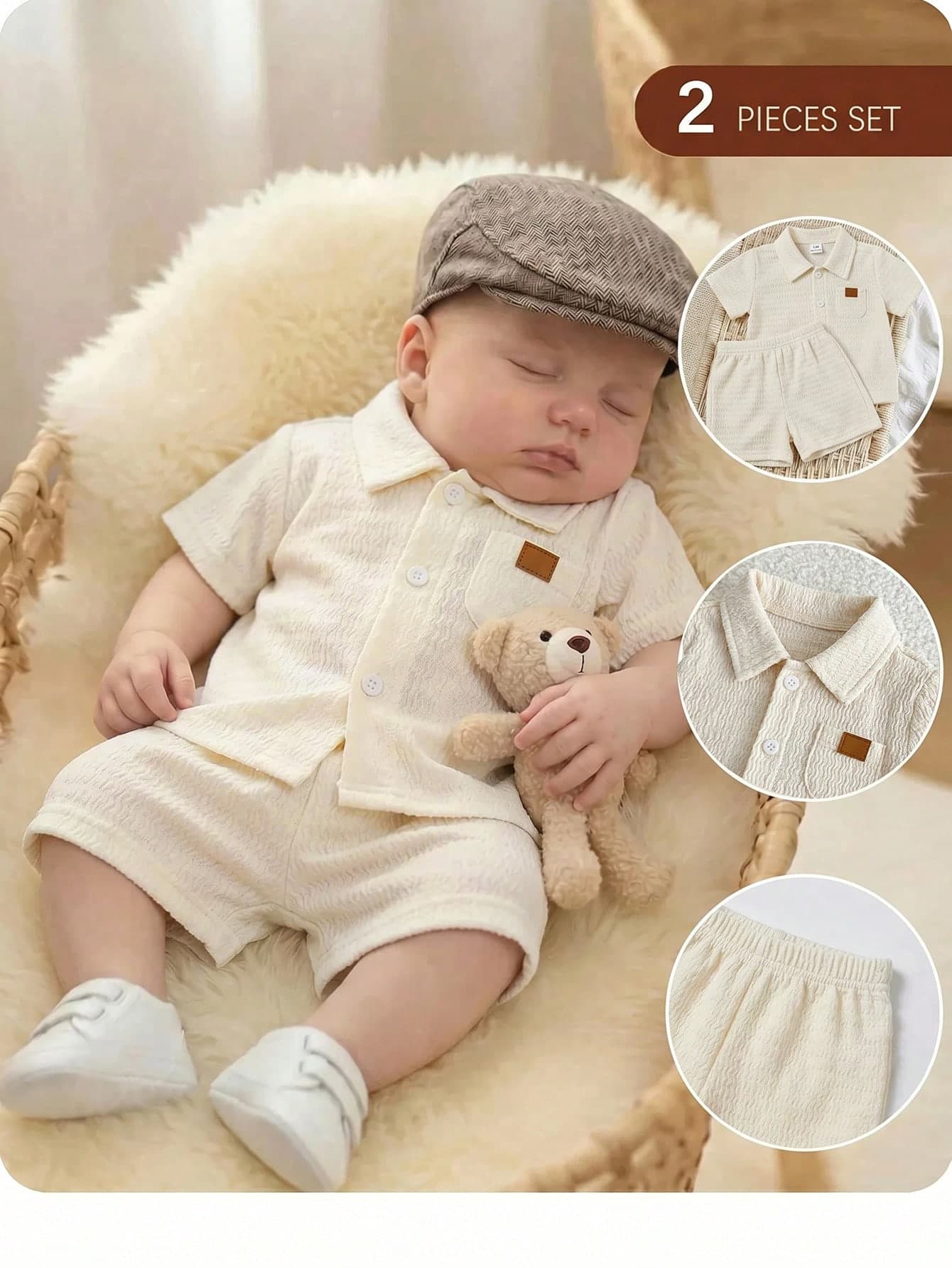 SHEIN Newborn Baby Boy Cute Casual Knit Jacquard Short Sleeve Shirt & Elastic Waist Shorts Set