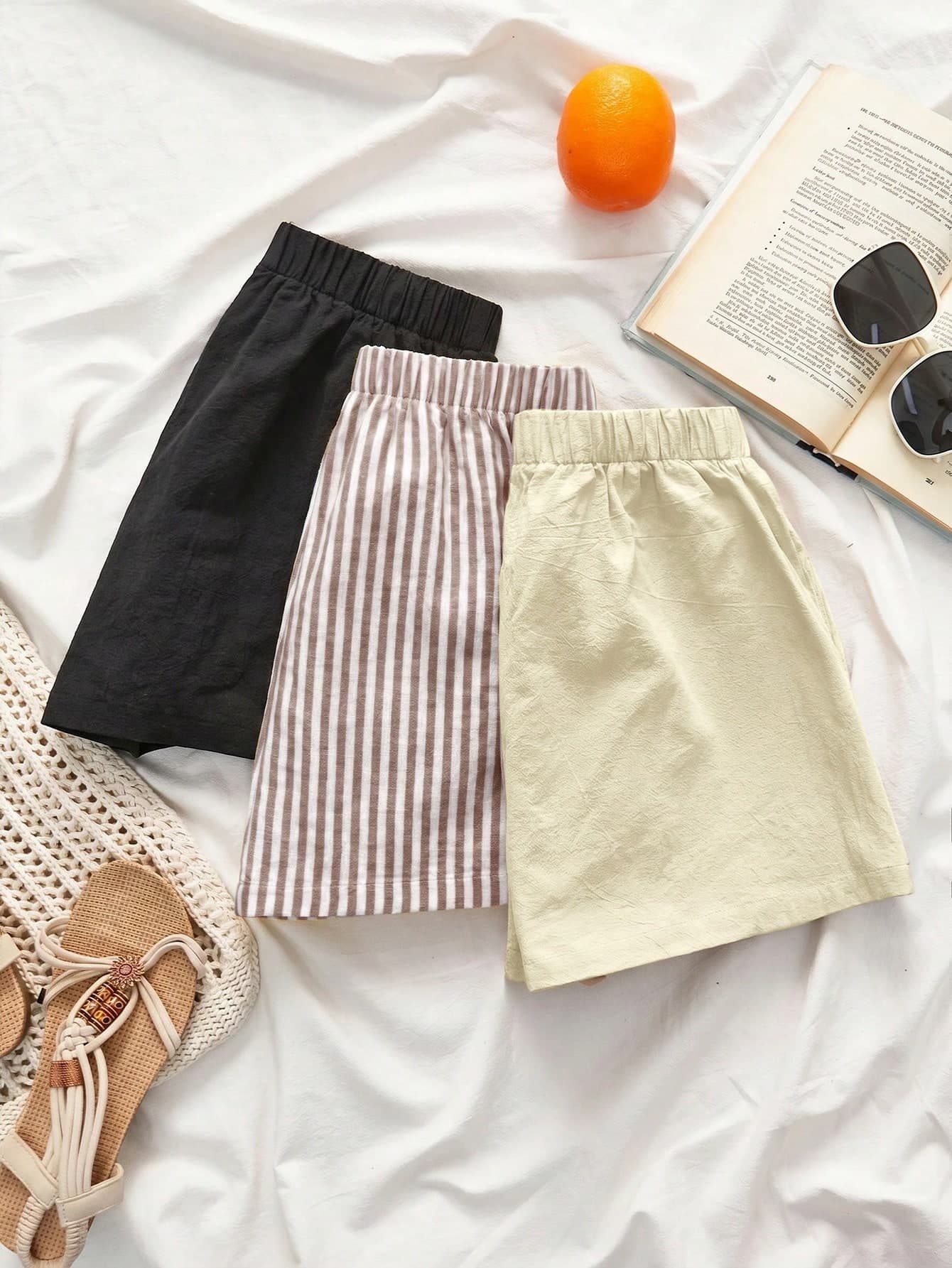 SHEIN VCAY Set Women Summer Woven Fashionable Black Brown And White Polka Dot White Soft Yellow Linen Shorts Summer Outfits For Clothes Coachella Festival