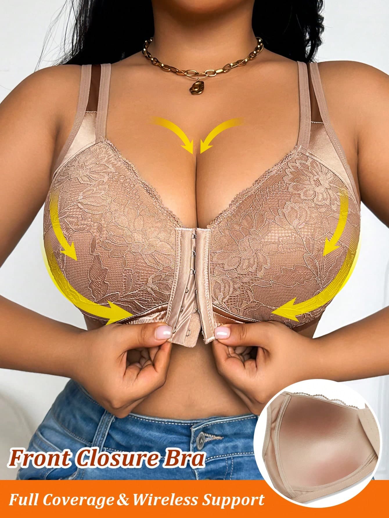 Women's Plus Size Comfortable Solid Color Shiny Smooth Bra Sexy Flower Lace Scallop Soft Cup Anti-Sagging Support Without Underwire Front Closure Bra