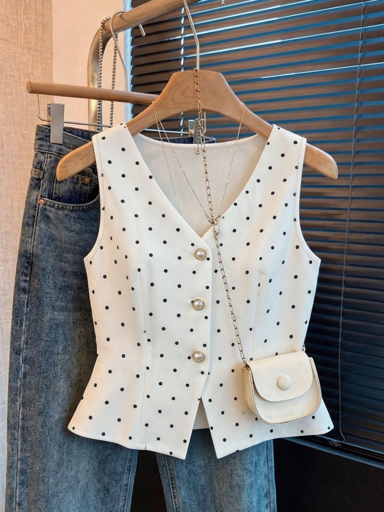 Franclia Women's Summer Outfit, Women's Patterned Top, Women's Casual Top, Summer Holiday Outfit, Women's Commuter Outfit, Polka Dot Sleeveless Top