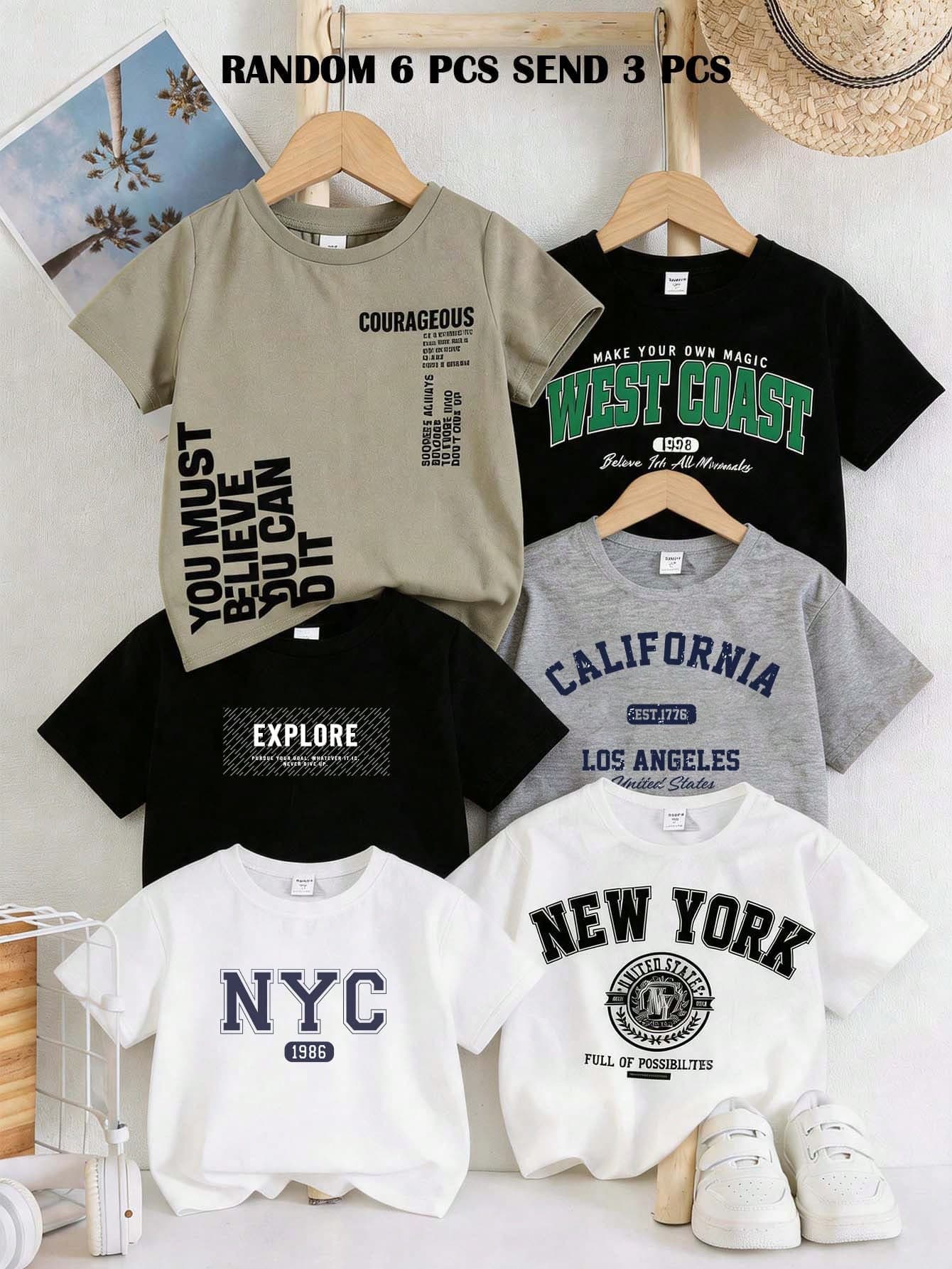 RANDOM 6 PCS SEND 3 PCS Tween Boys' Casual White Summer Streetwear School Back-To-School Round Neck Short Sleeve T-Shirt,City Graphic Print Tee Tops