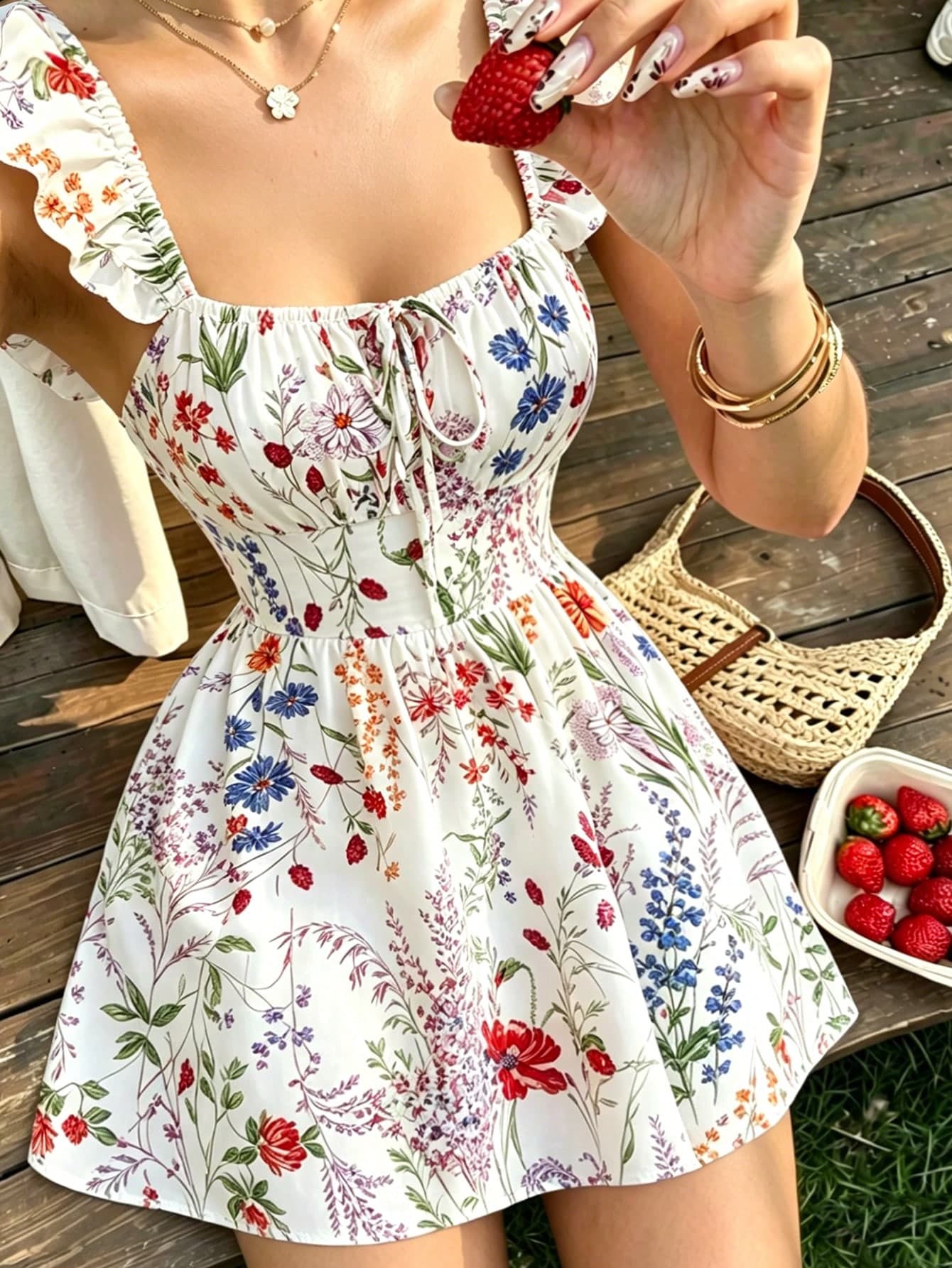 Selianne New Arrival Flutter Sleeve Woven Floral Print Drawstring Waist Elegant Young Lady Casual/Holiday Mini Dress